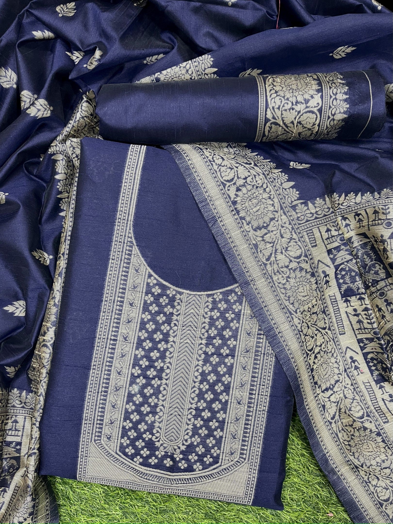 Blue Handloom Raw Silk Warli Work Unstitched 3pis Dress Material