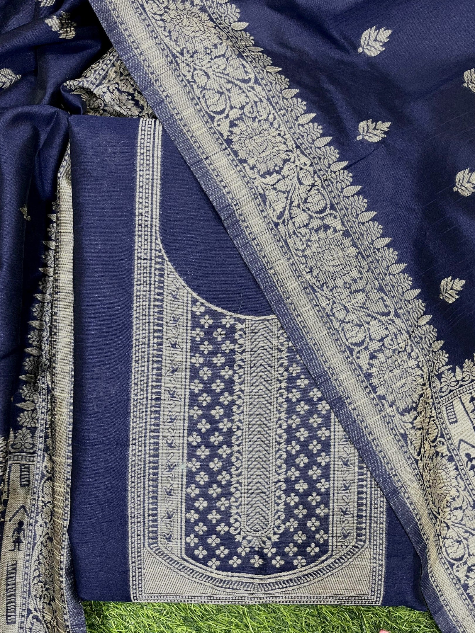 Blue Handloom Raw Silk Warli Work Unstitched 3pis Dress Material