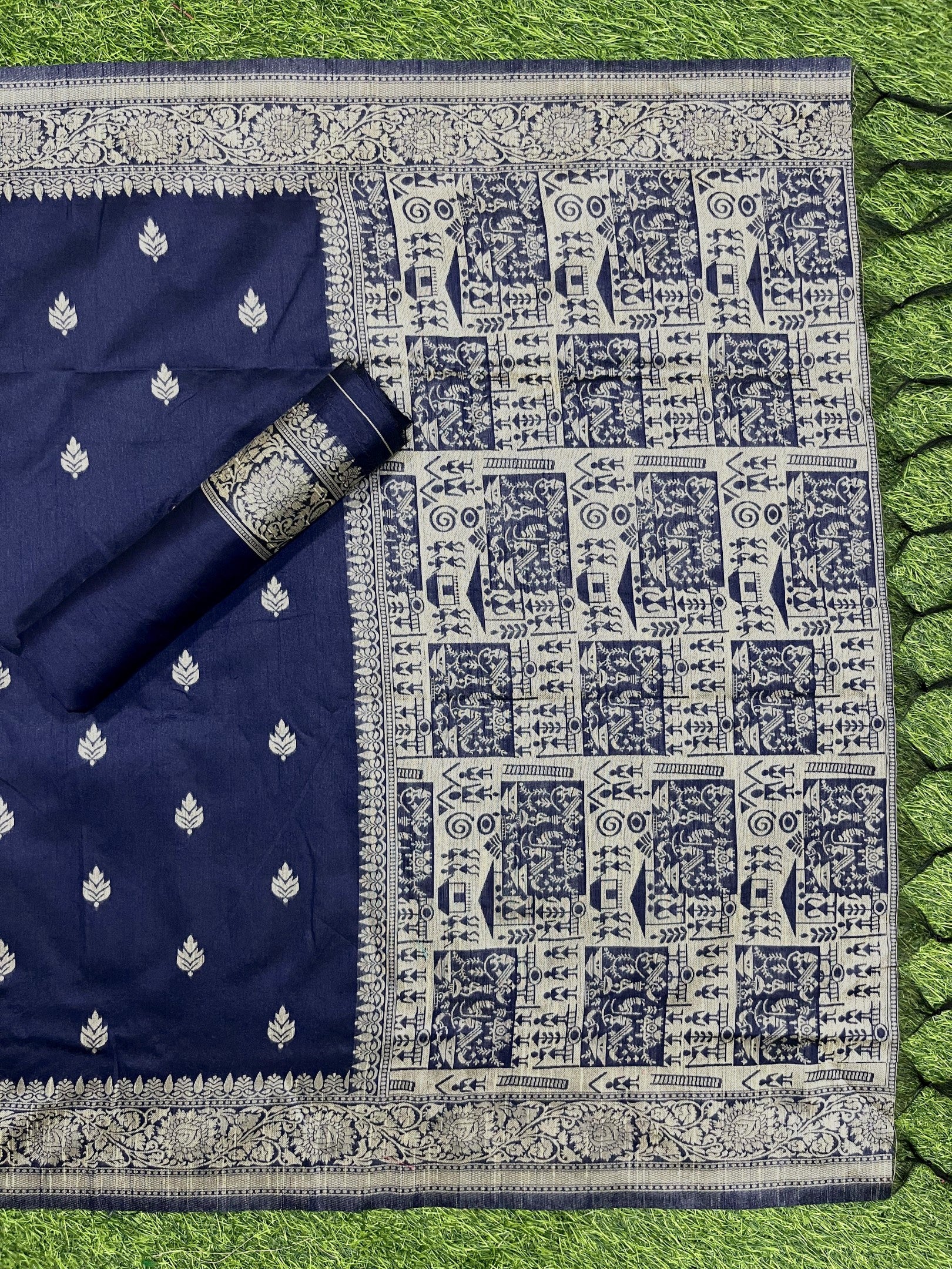 Blue Handloom Raw Silk Warli Work Unstitched 3pis Dress Material