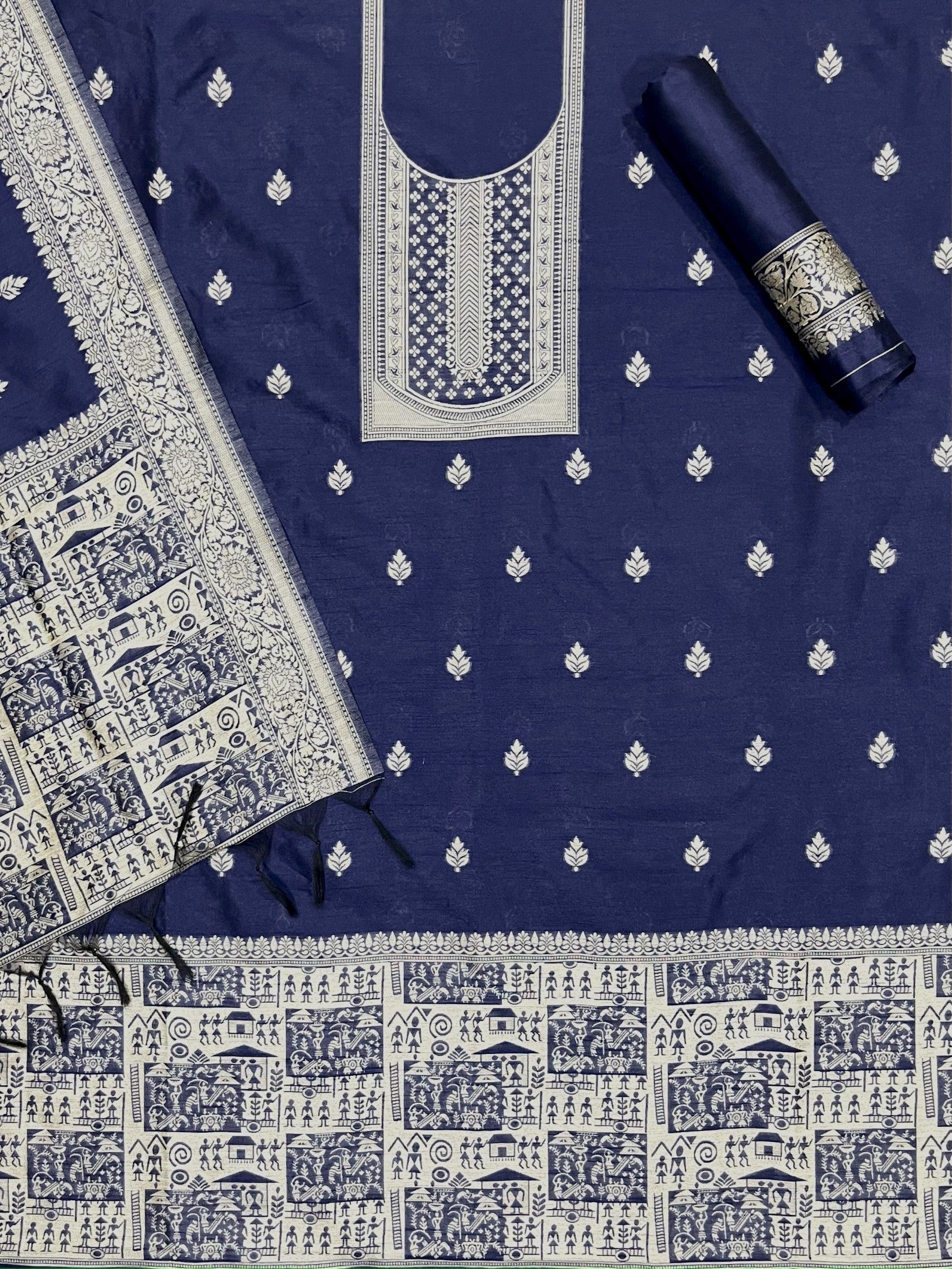 Blue Handloom Raw Silk Warli Work Unstitched 3pis Dress Material