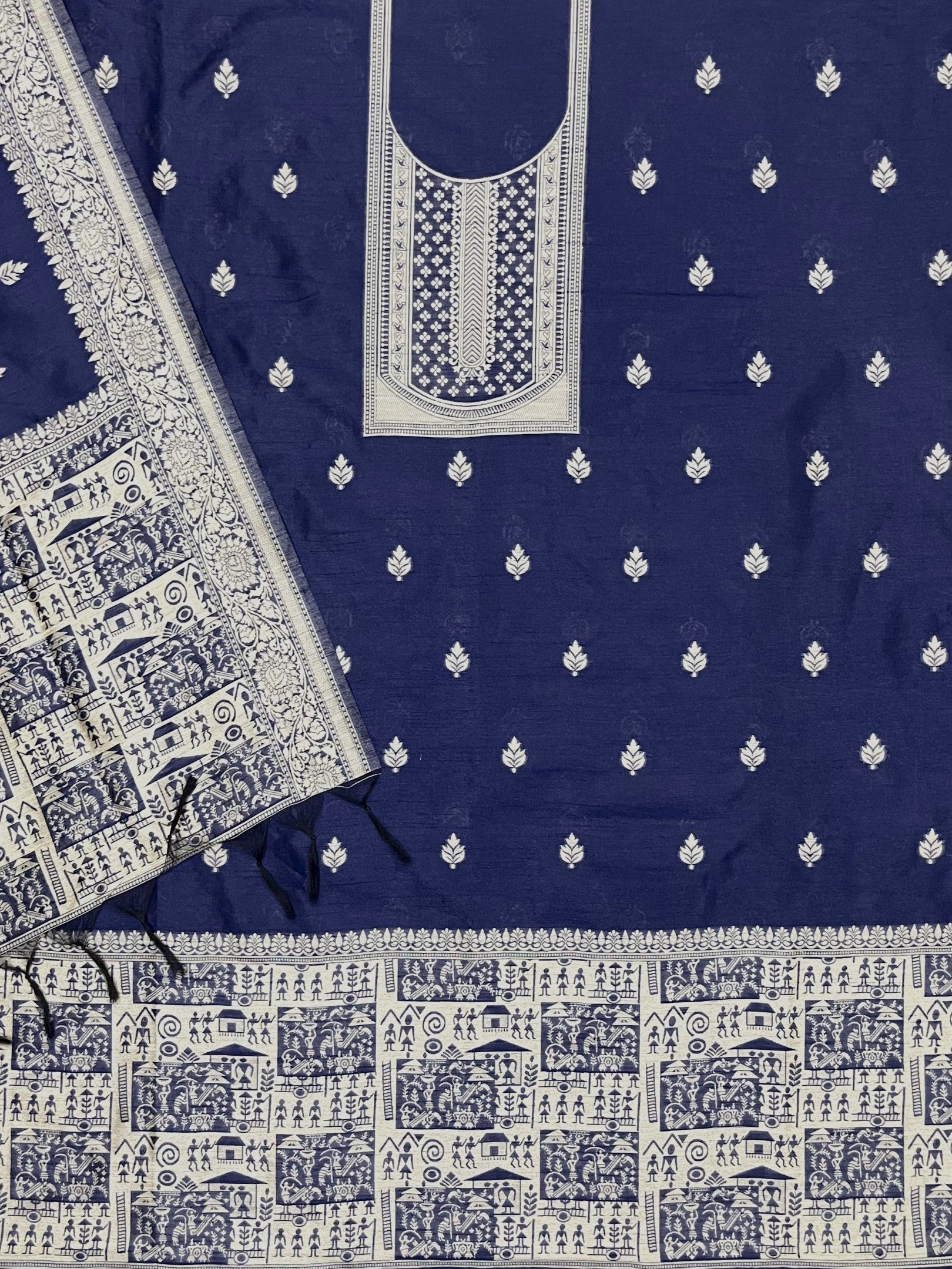 Blue Handloom Raw Silk Warli Work Unstitched 3pis Dress Material