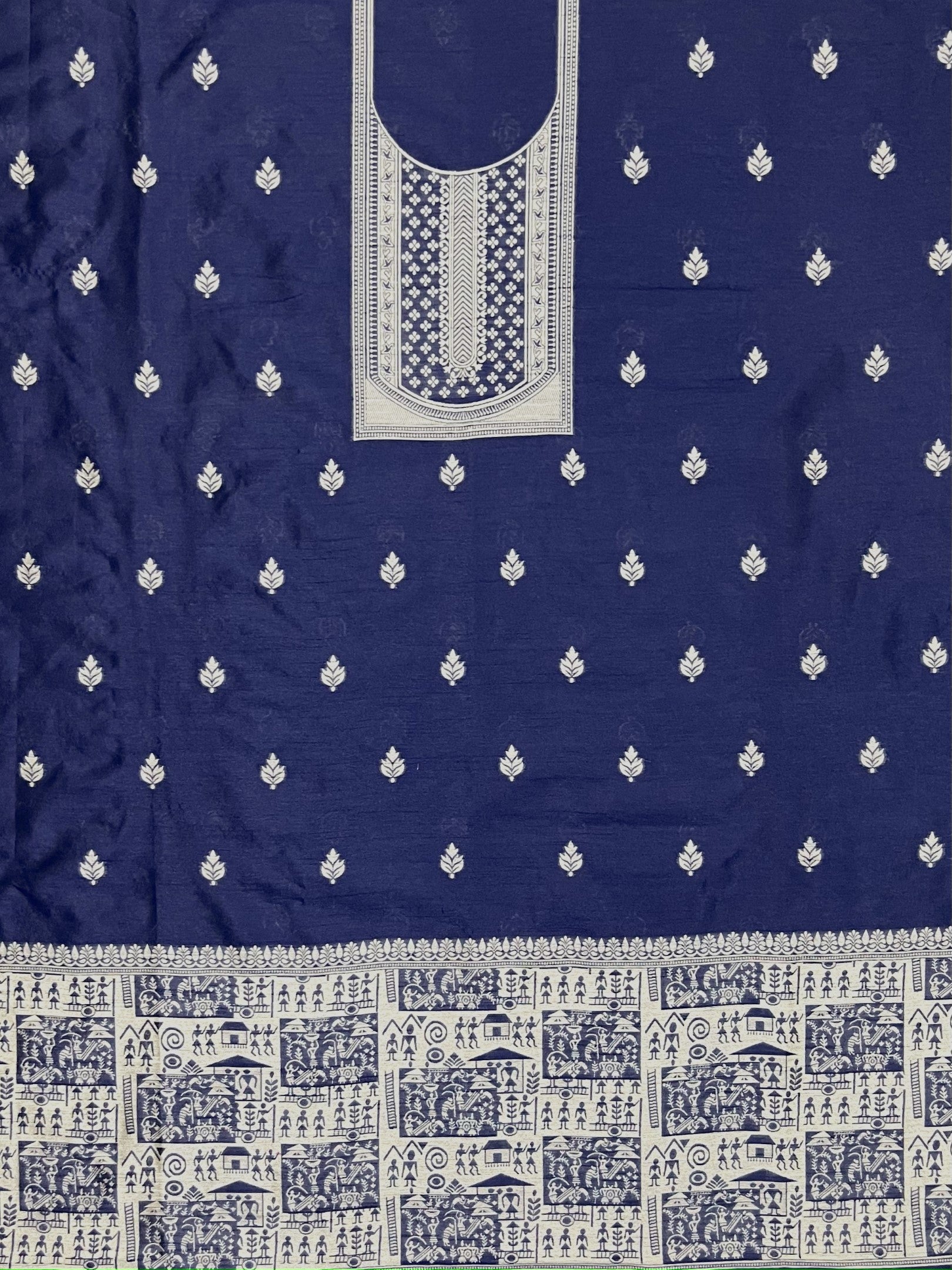 Blue Handloom Raw Silk Warli Work Unstitched 3pis Dress Material