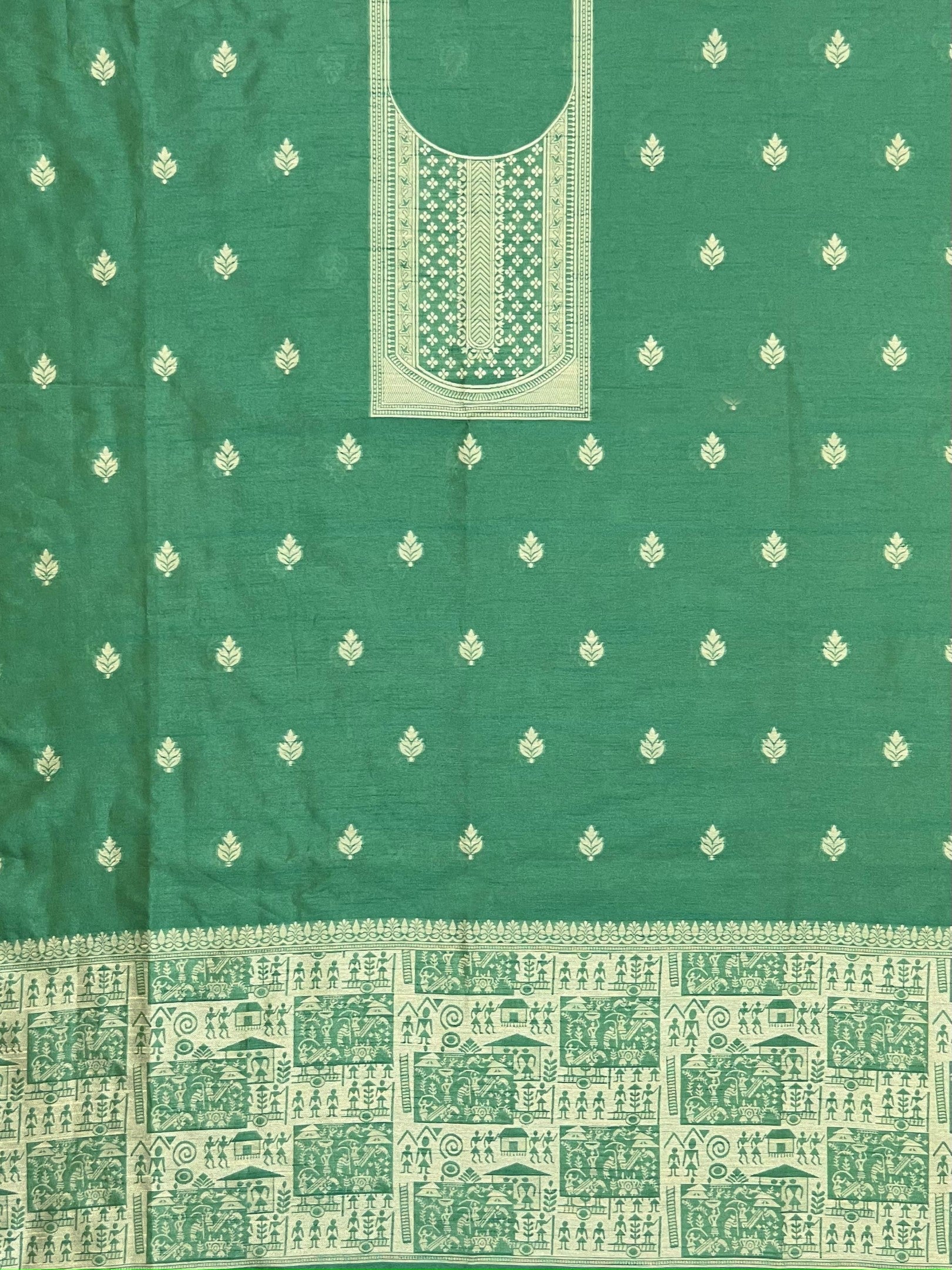 Green Handloom Raw Silk Warli Work Unstitched 3pis Dress Material