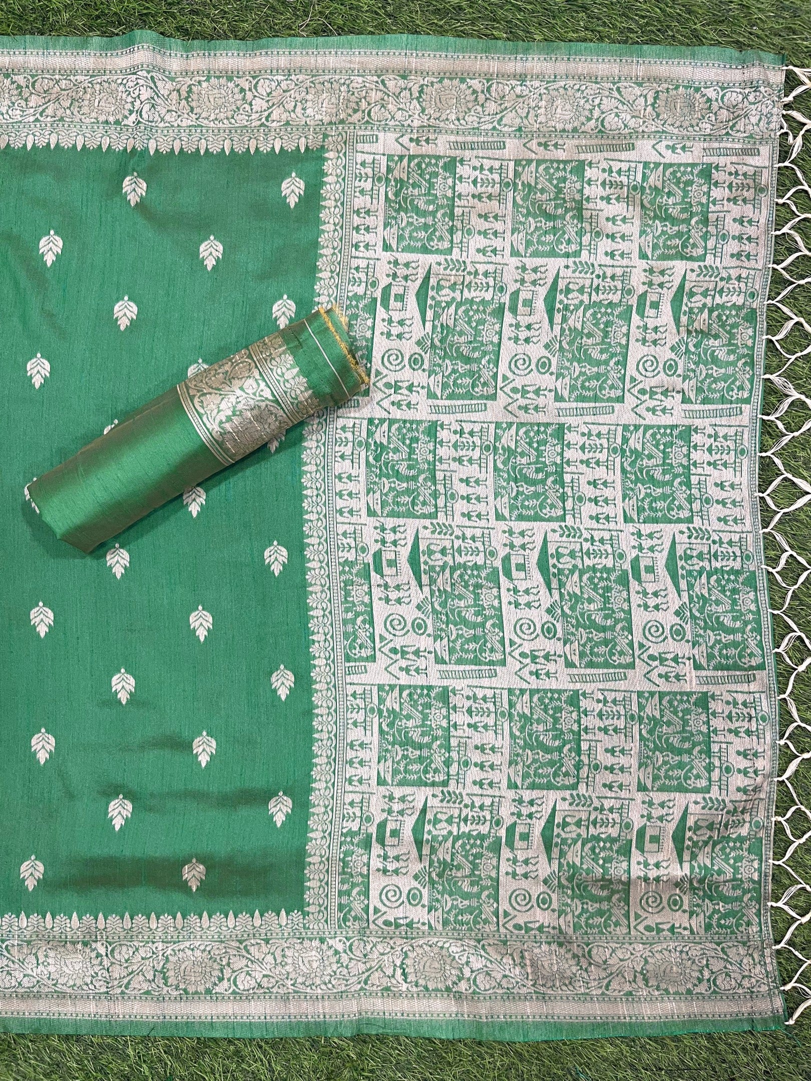 Green Handloom Raw Silk Warli Work Unstitched 3pis Dress Material