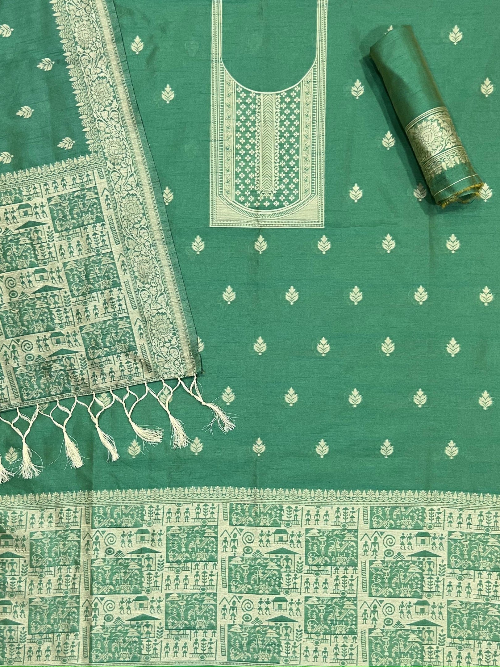 Green Handloom Raw Silk Warli Work Unstitched 3pis Dress Material