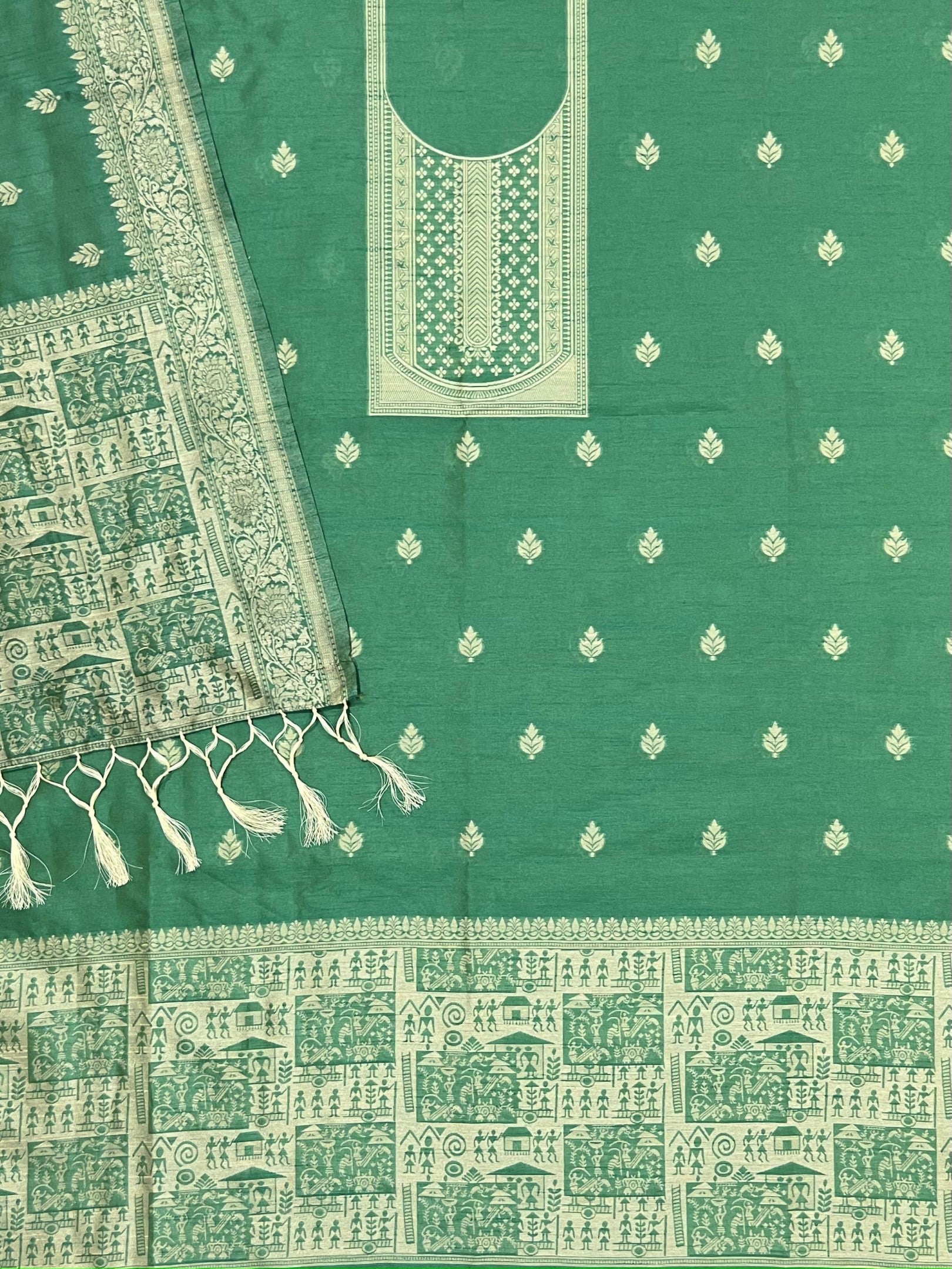 Green Handloom Raw Silk Warli Work Unstitched 3pis Dress Material