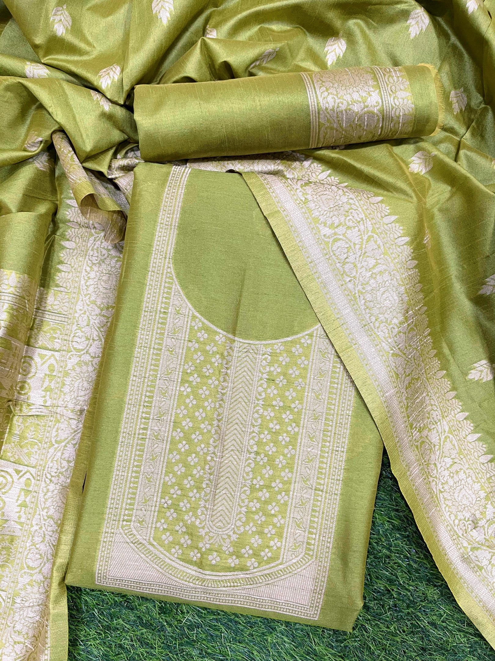Mahendi Handloom Raw Silk Warli Work Unstitched 3pis Dress Material