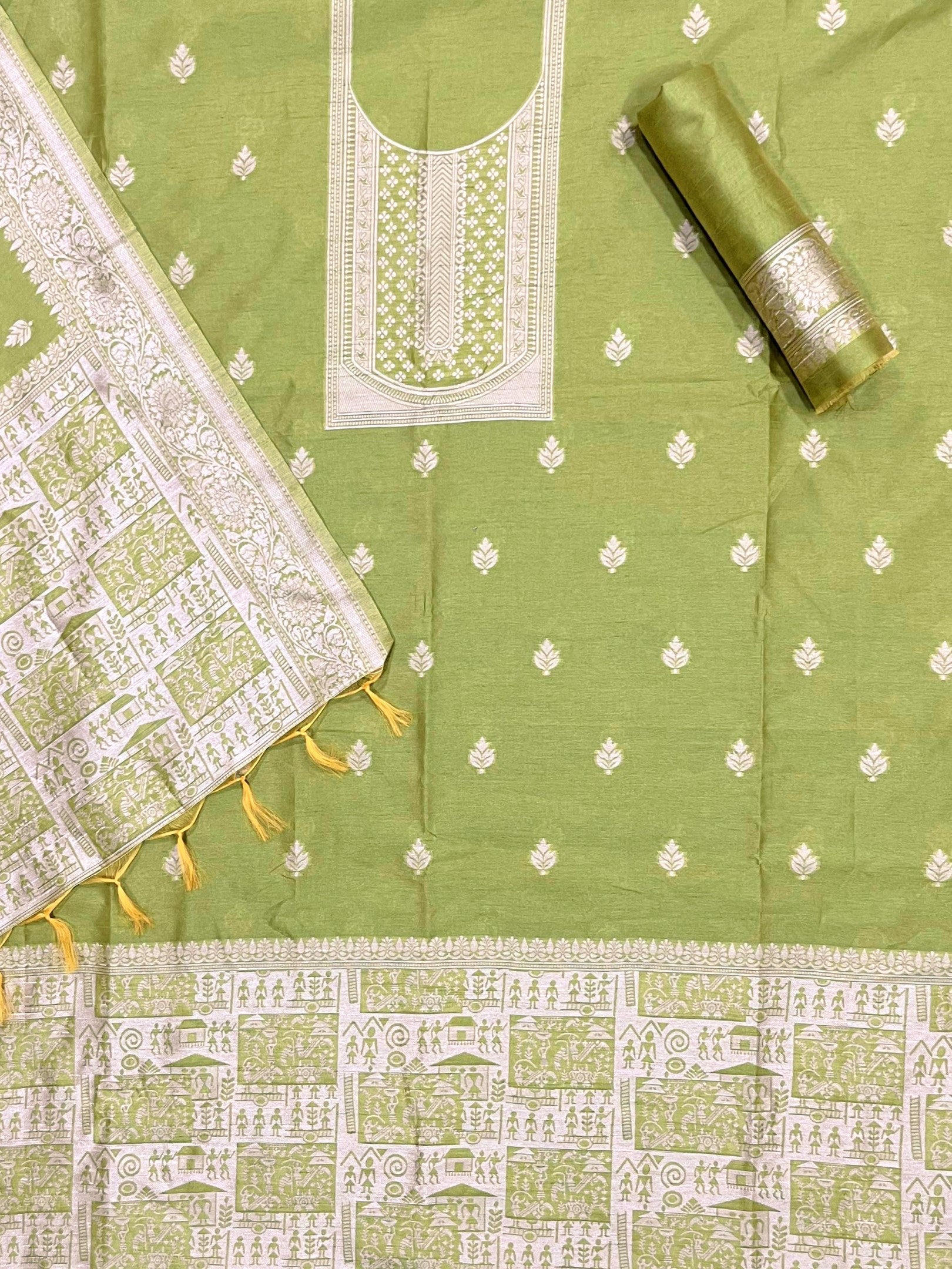 Mahendi Handloom Raw Silk Warli Work Unstitched 3pis Dress Material