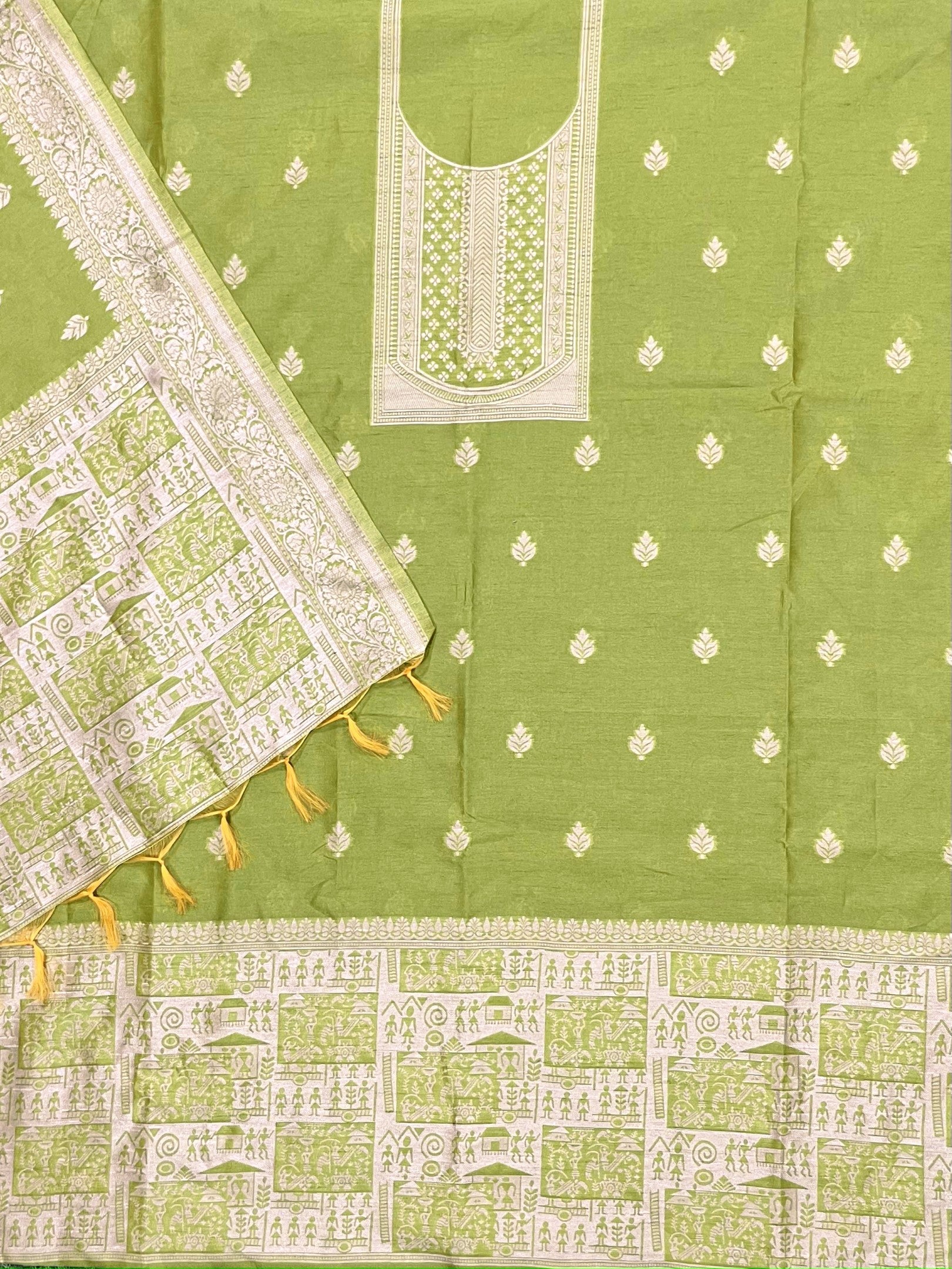 Mahendi Handloom Raw Silk Warli Work Unstitched 3pis Dress Material