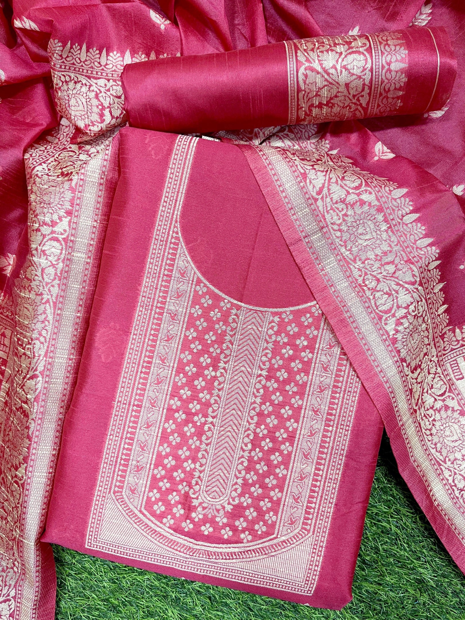 Pink Handloom Raw Silk Warli Work Unstitched 3pis Dress Material