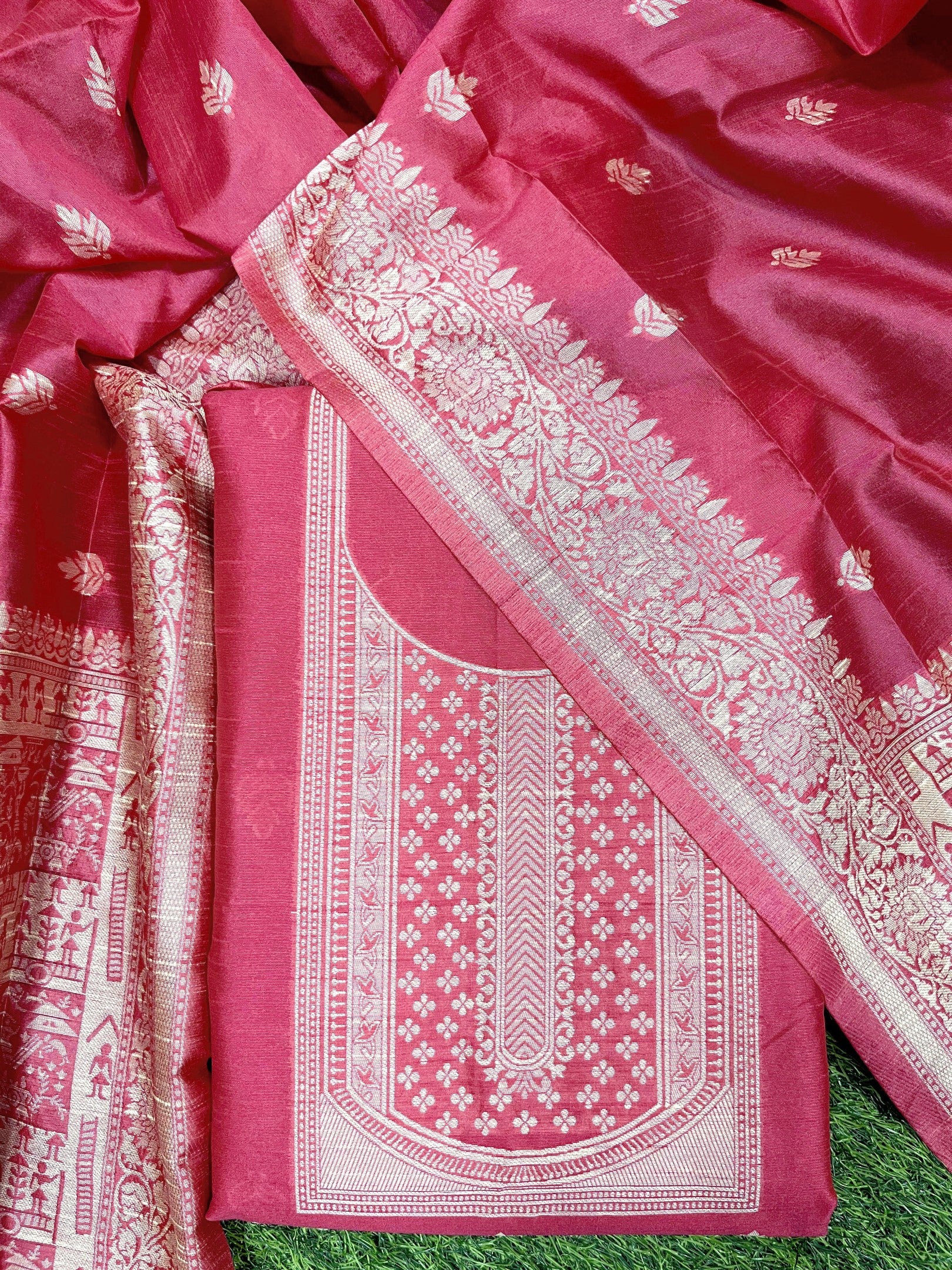 Pink Handloom Raw Silk Warli Work Unstitched 3pis Dress Material
