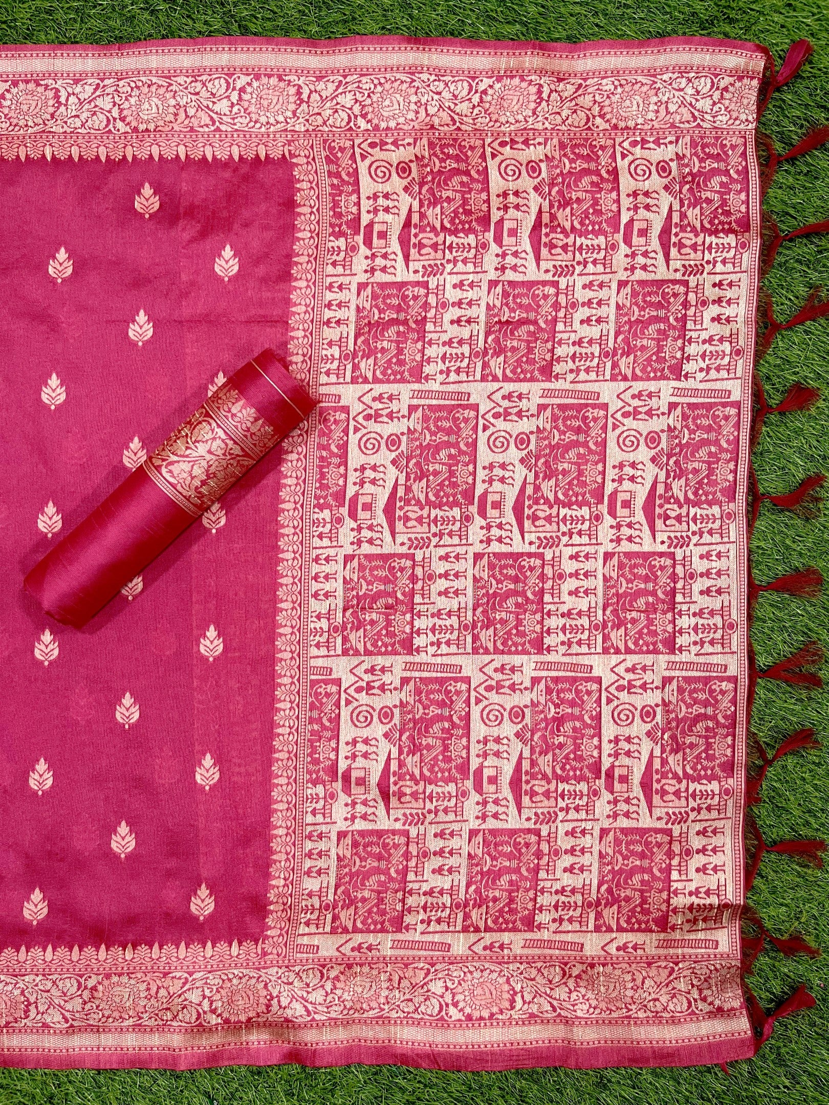 Pink Handloom Raw Silk Warli Work Unstitched 3pis Dress Material