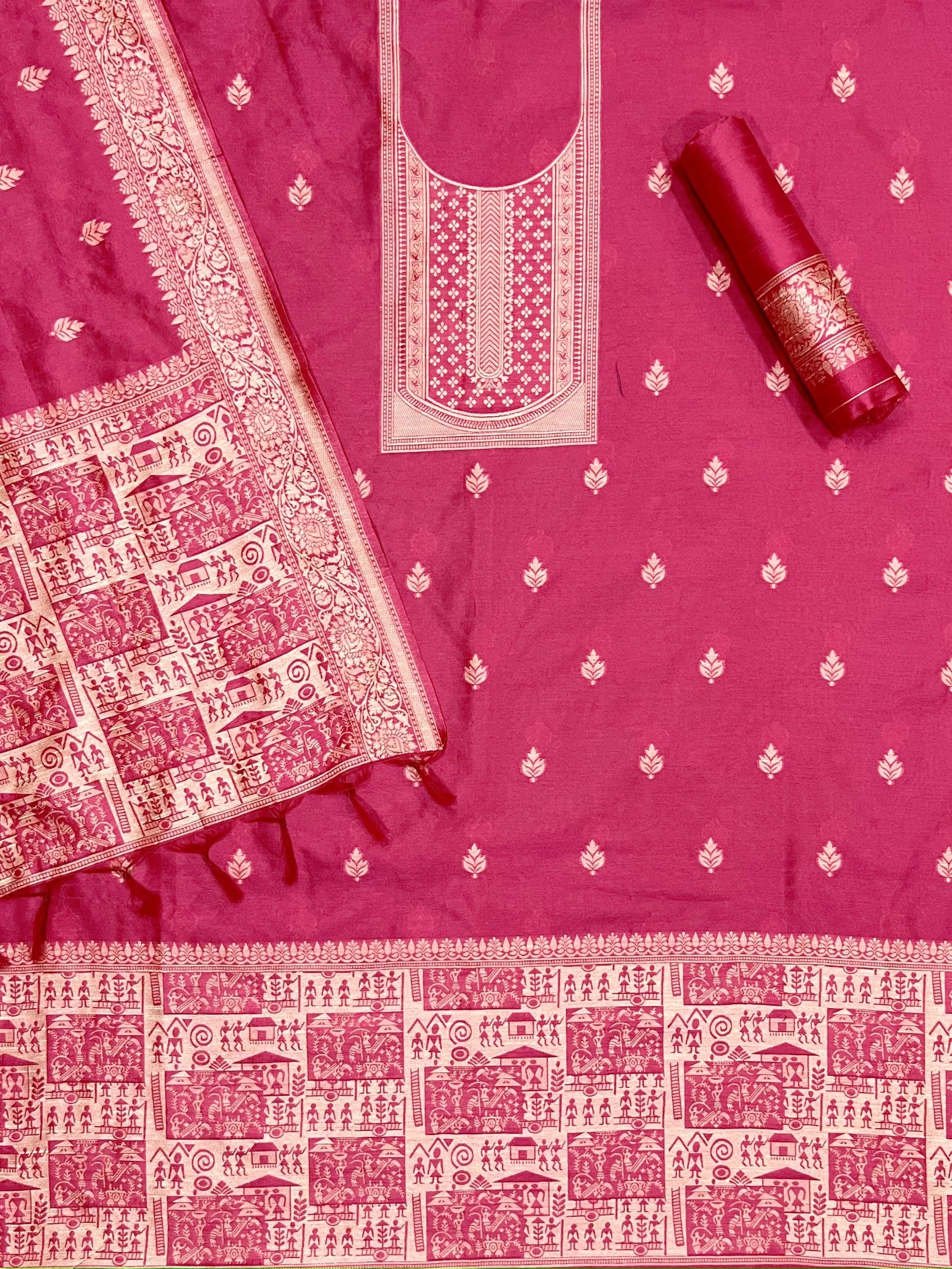 Pink Handloom Raw Silk Warli Work Unstitched 3pis Dress Material