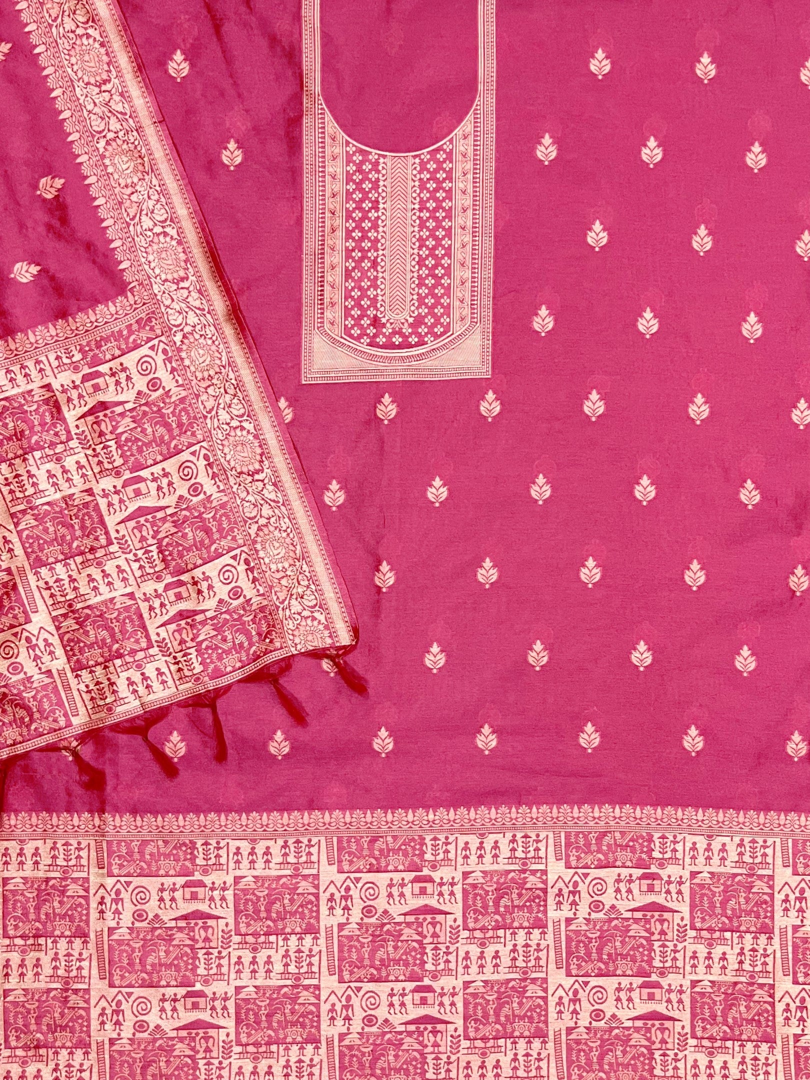 Pink Handloom Raw Silk Warli Work Unstitched 3pis Dress Material
