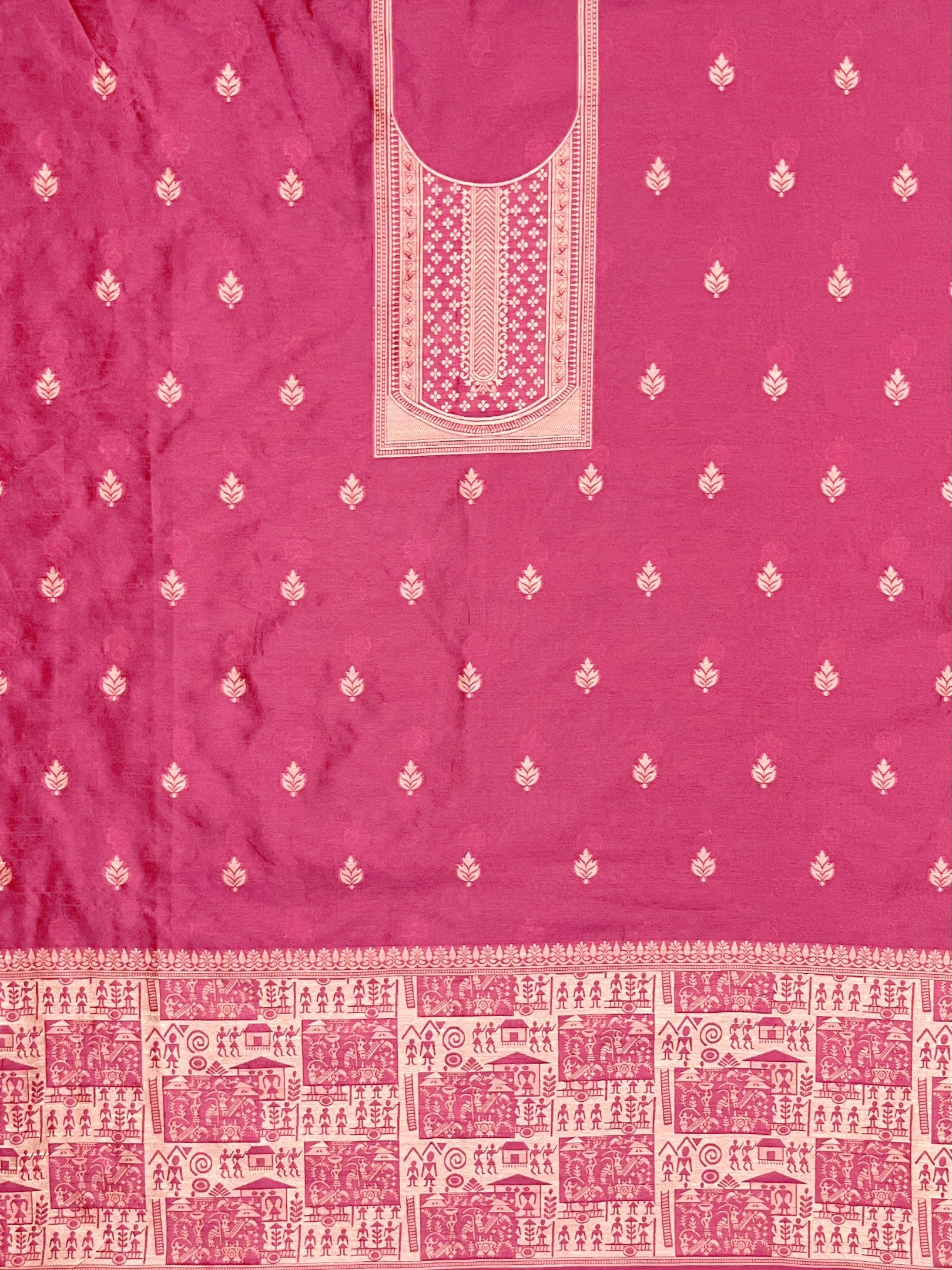 Pink Handloom Raw Silk Warli Work Unstitched 3pis Dress Material