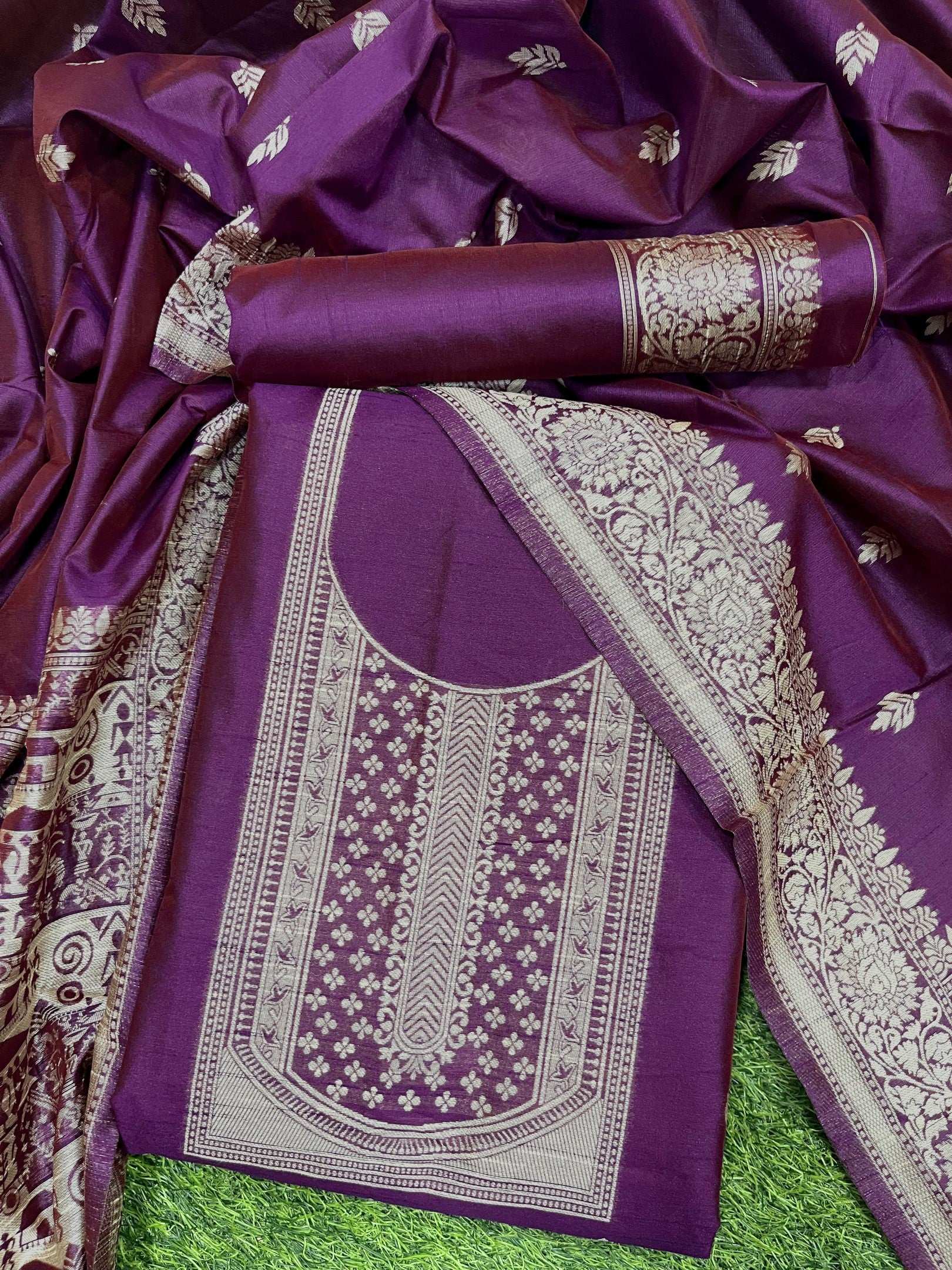 Wine Handloom Raw Silk Warli Work Unstitched 3pis Dress Material