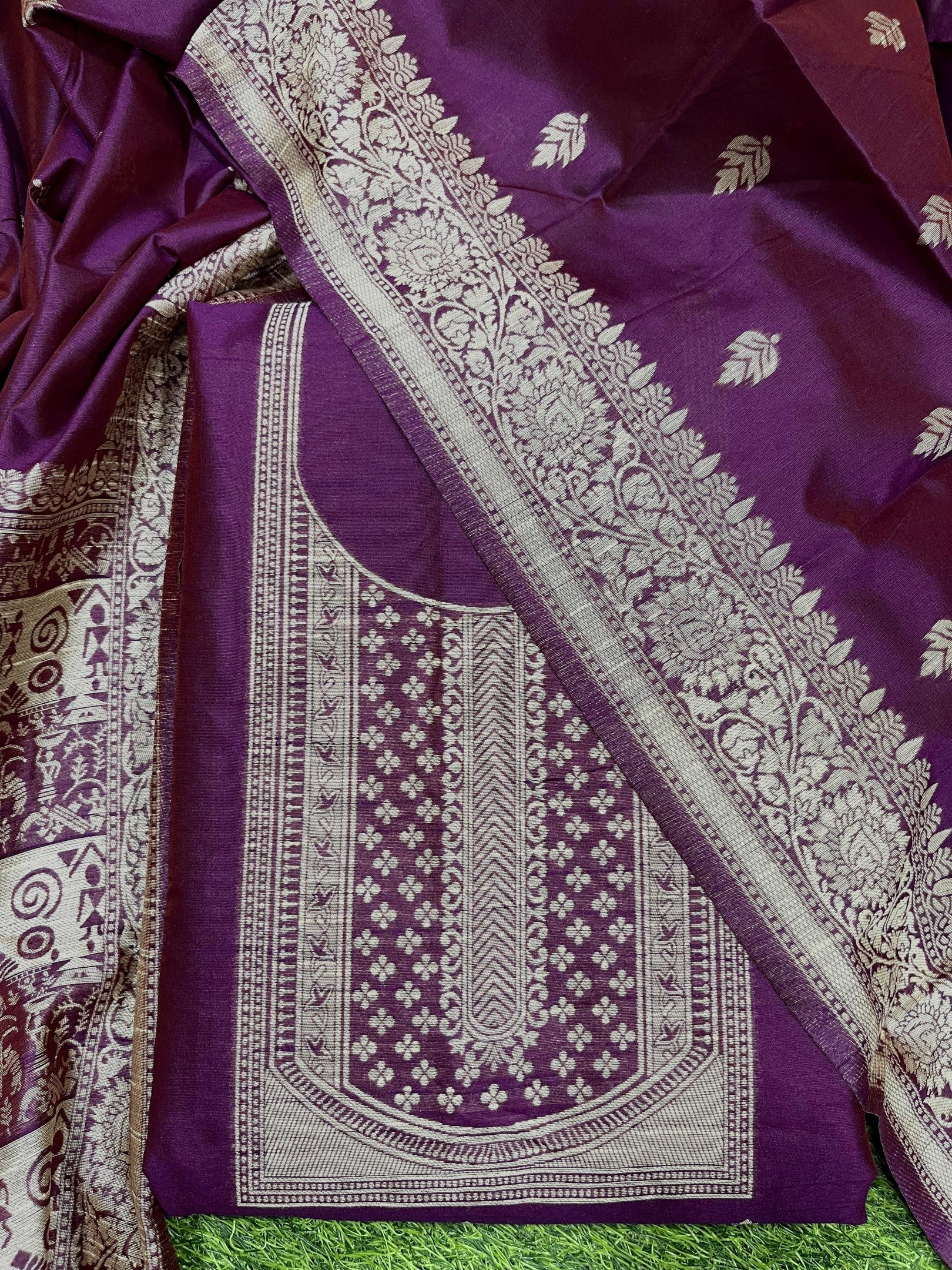 Wine Handloom Raw Silk Warli Work Unstitched 3pis Dress Material