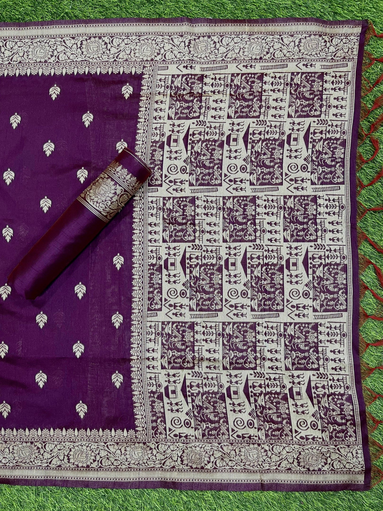 Wine Handloom Raw Silk Warli Work Unstitched 3pis Dress Material