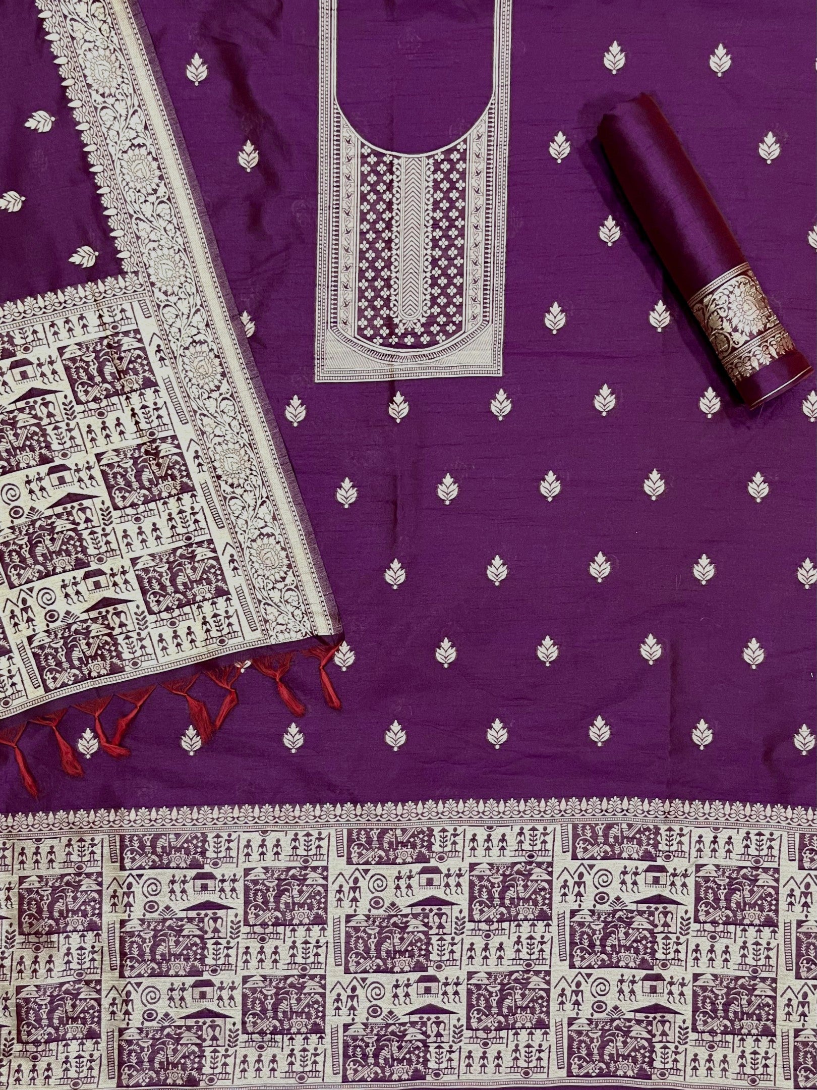 Wine Handloom Raw Silk Warli Work Unstitched 3pis Dress Material