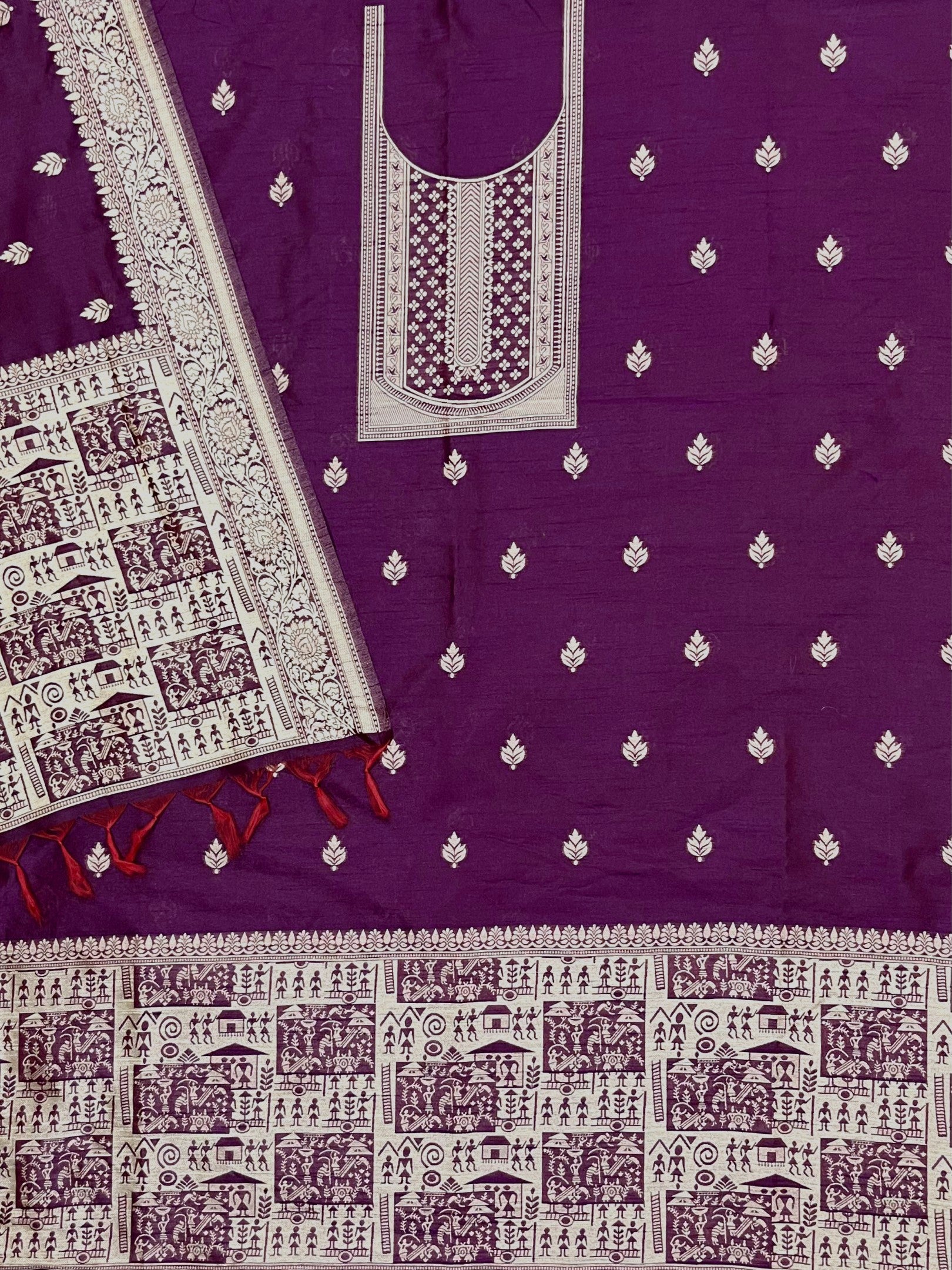 Wine Handloom Raw Silk Warli Work Unstitched 3pis Dress Material