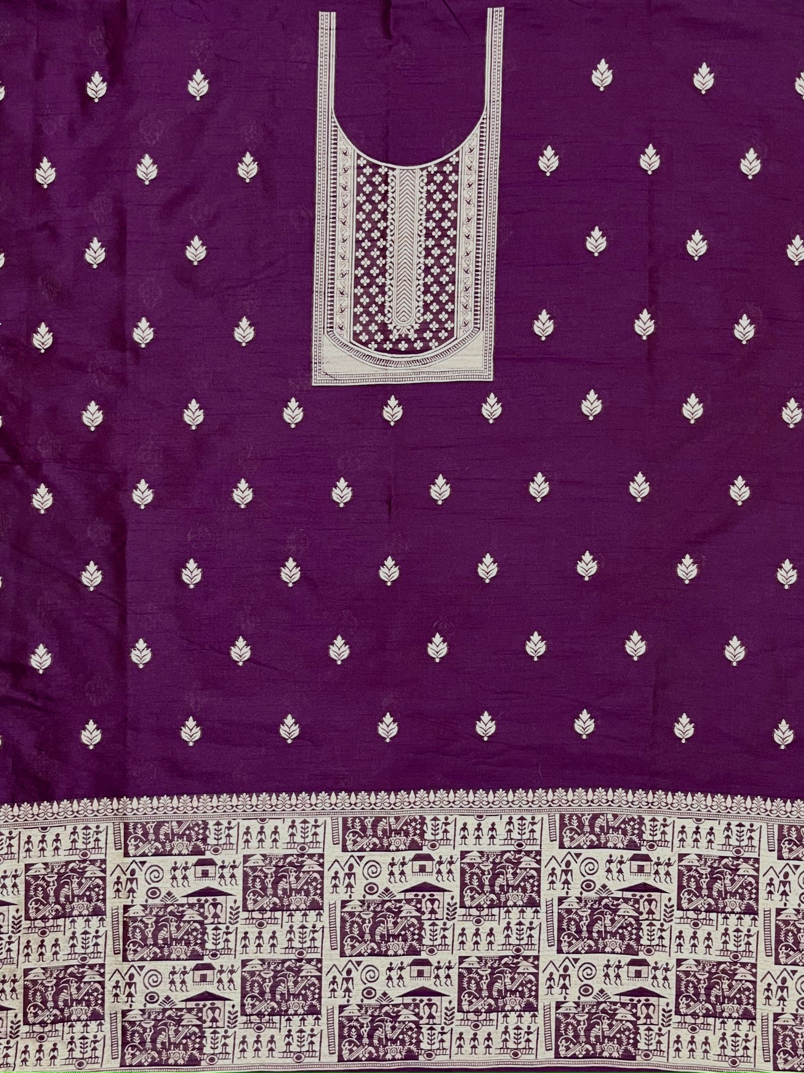 Wine Handloom Raw Silk Warli Work Unstitched 3pis Dress Material
