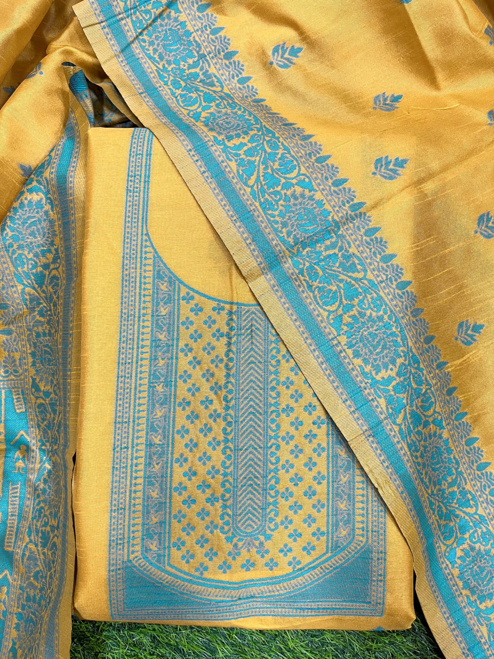 Yellow Handloom Raw Silk Warli Work Unstitched 3pis Dress Material