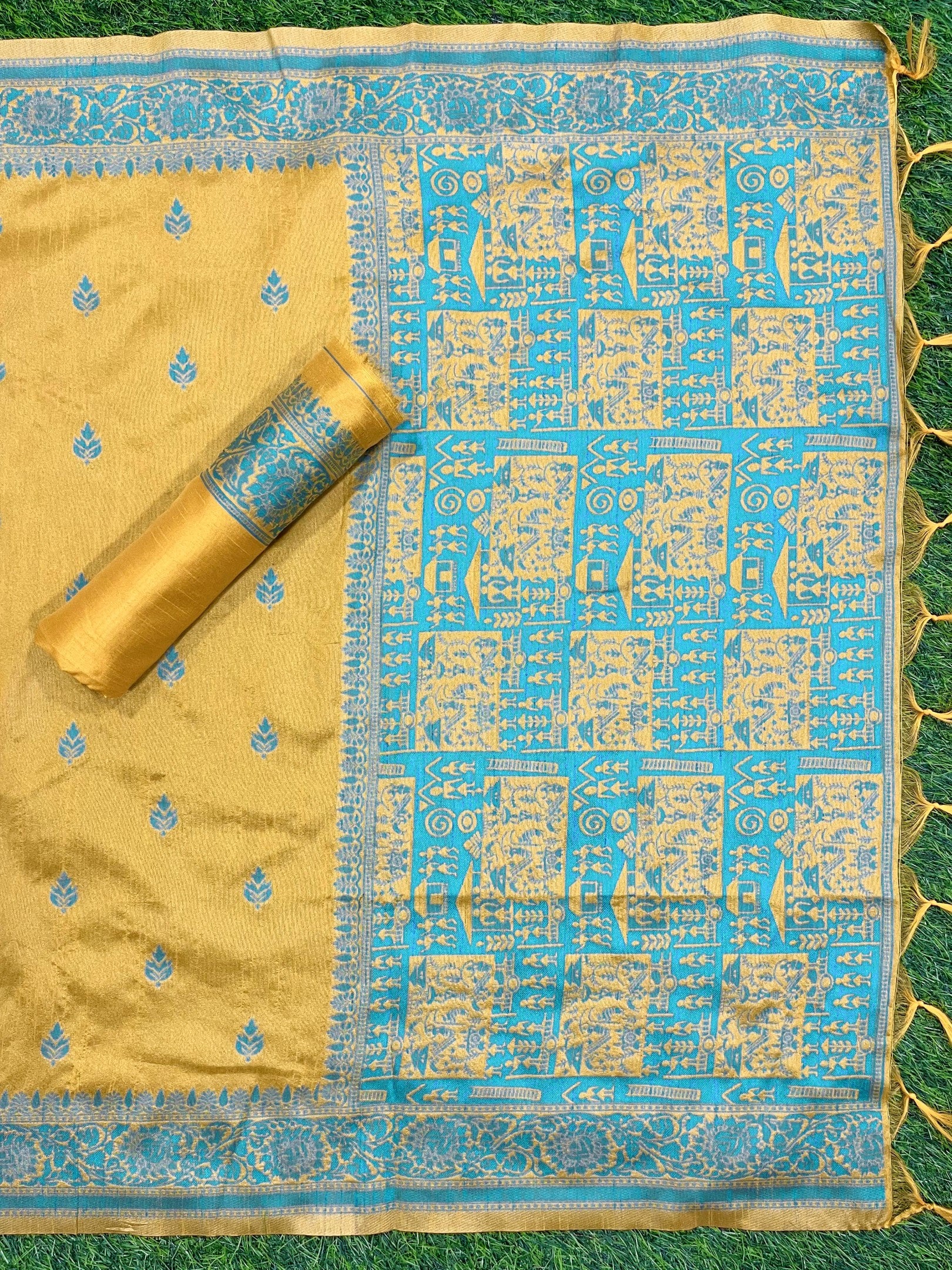 Yellow Handloom Raw Silk Warli Work Unstitched 3pis Dress Material
