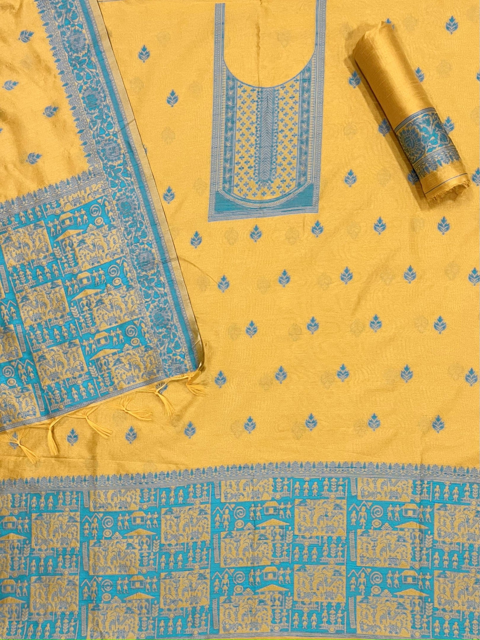 Yellow Handloom Raw Silk Warli Work Unstitched 3pis Dress Material