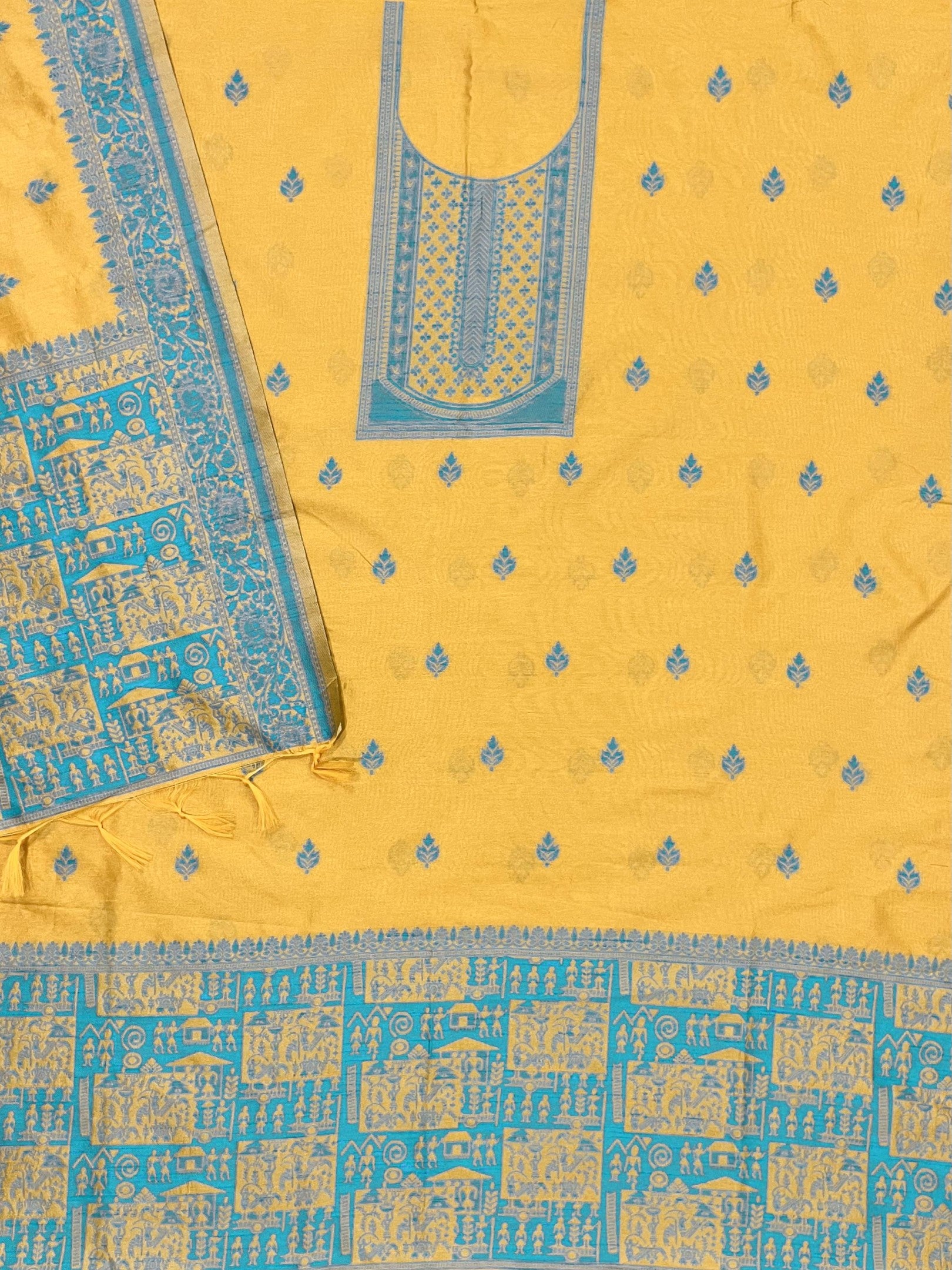 Yellow Handloom Raw Silk Warli Work Unstitched 3pis Dress Material