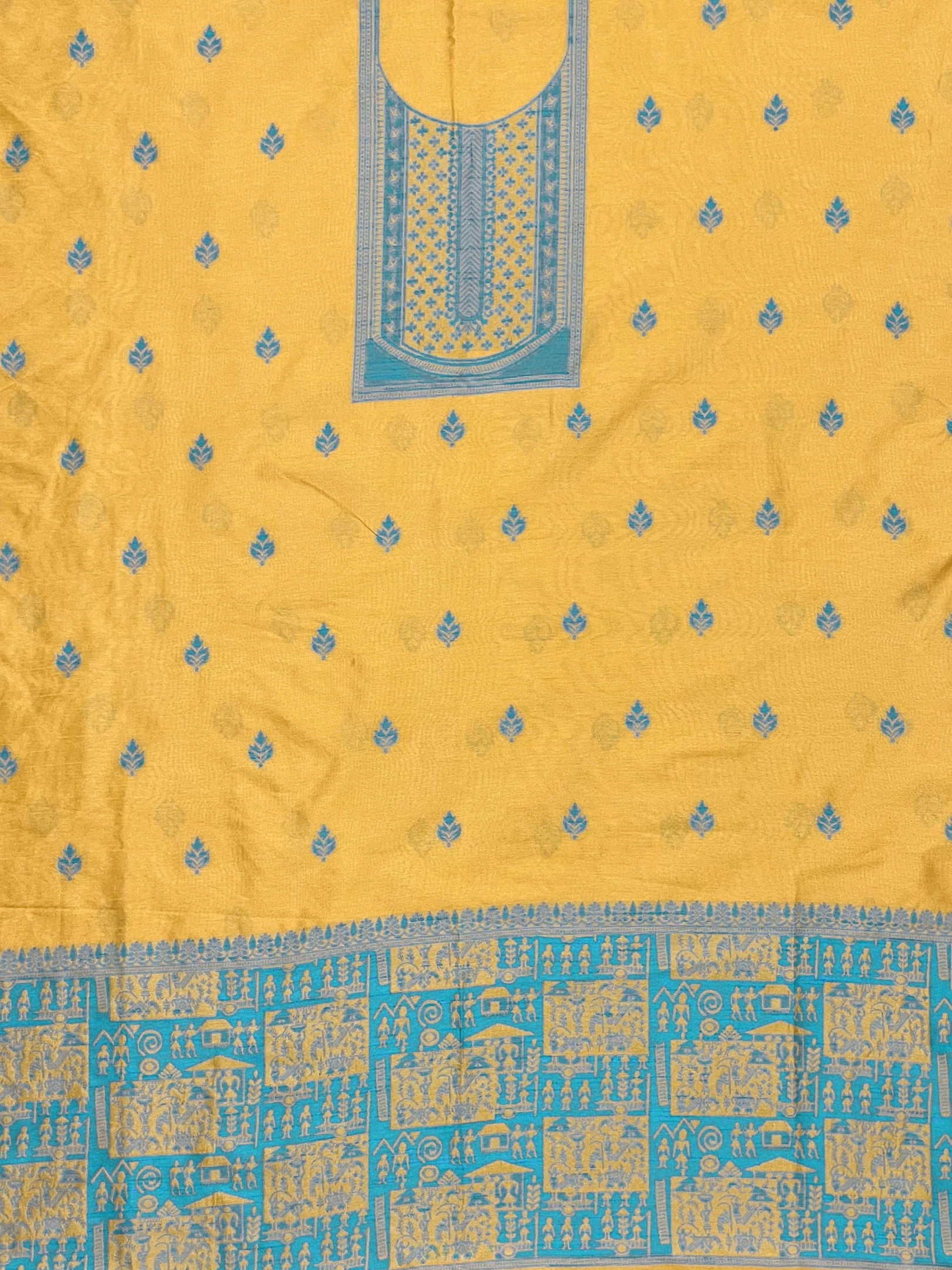 Yellow Handloom Raw Silk Warli Work Unstitched 3pis Dress Material