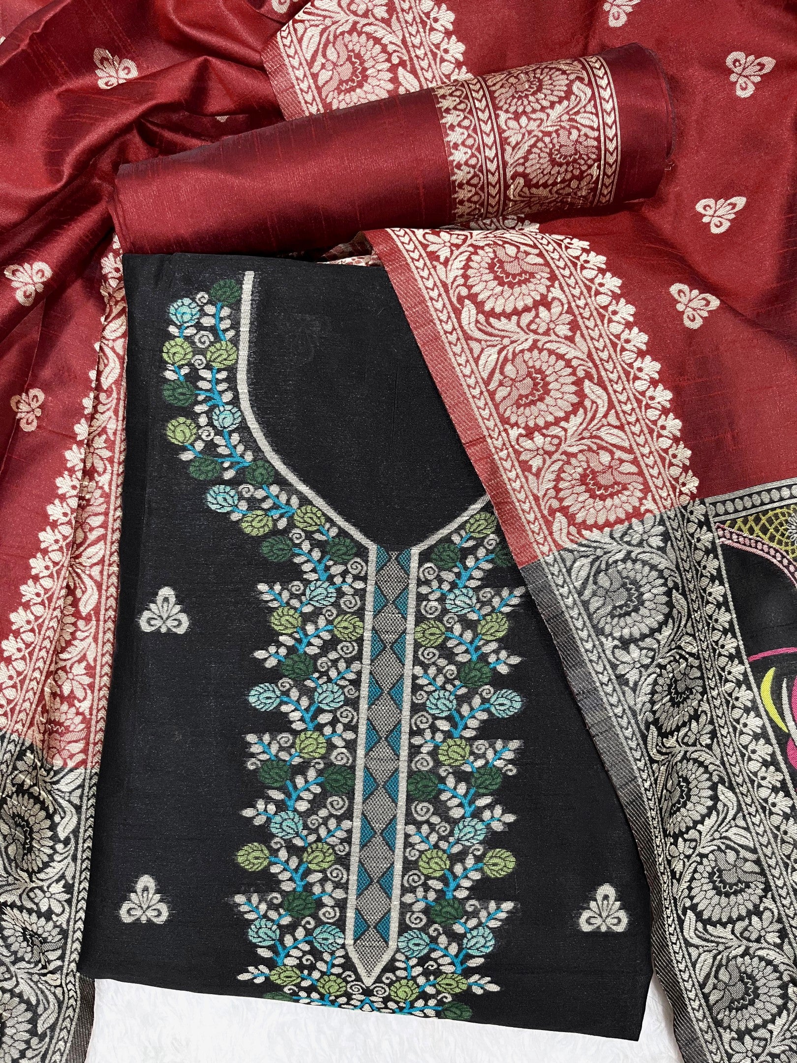Black Handloom Raw Silk Warli Work With Contrast Daman Dupatta Dress Material