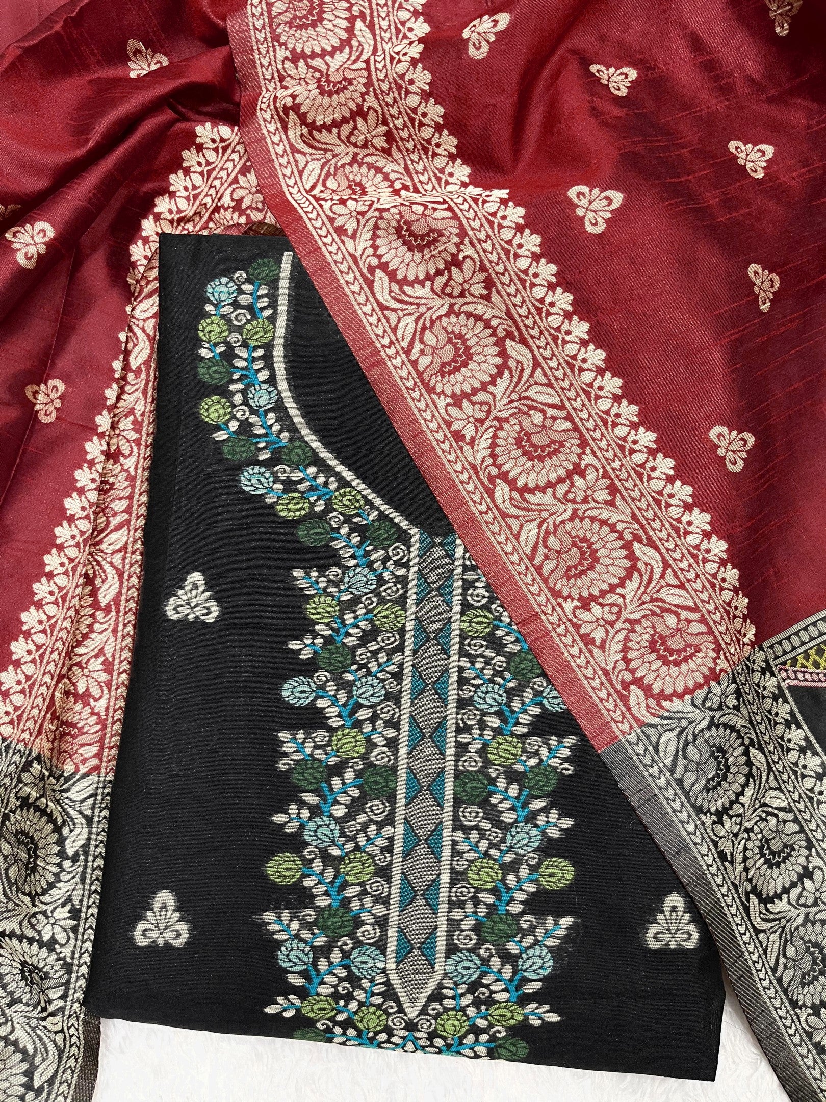 Black Handloom Raw Silk Warli Work With Contrast Daman Dupatta Dress Material