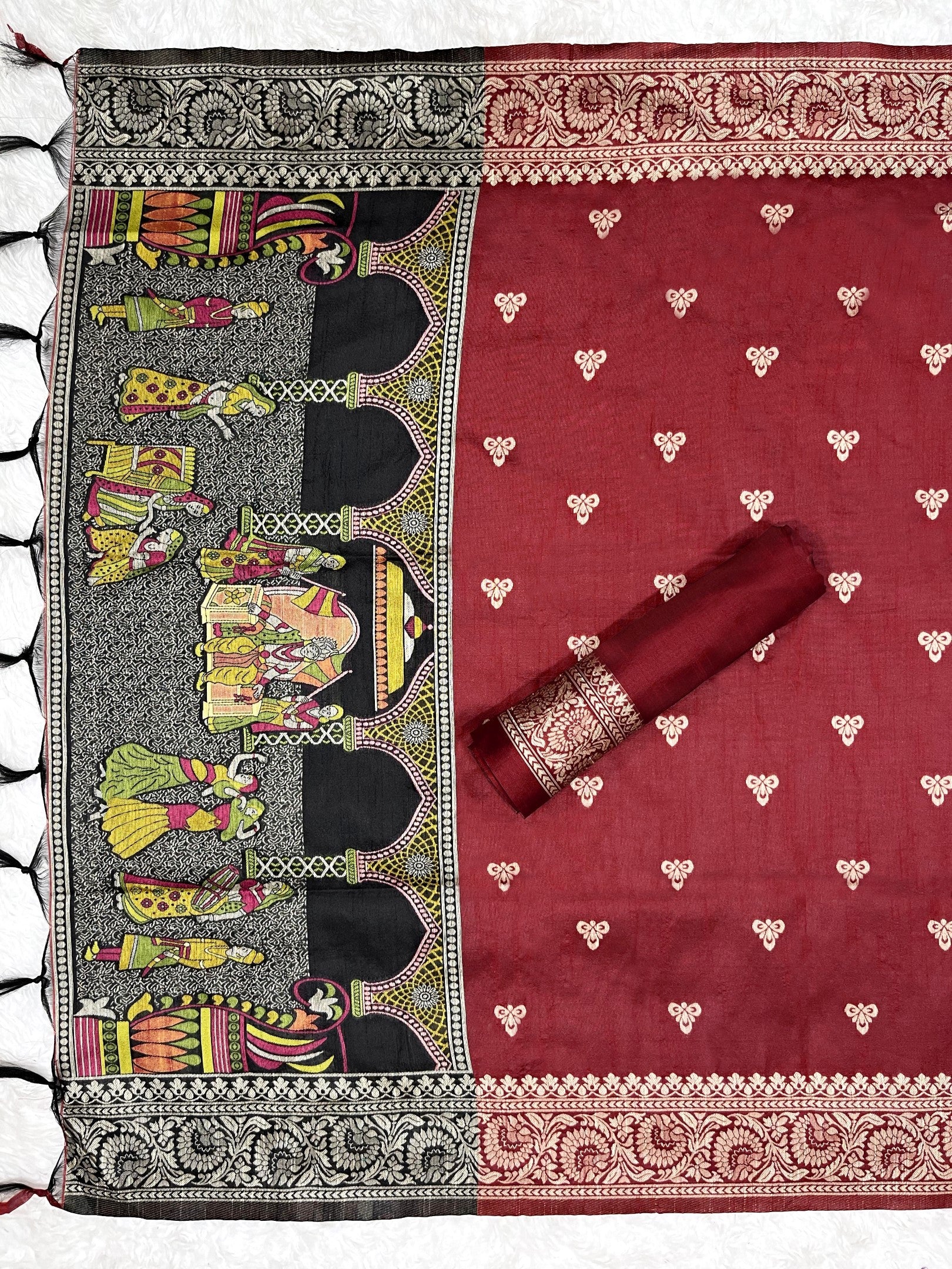 Black Handloom Raw Silk Warli Work With Contrast Daman Dupatta Dress Material