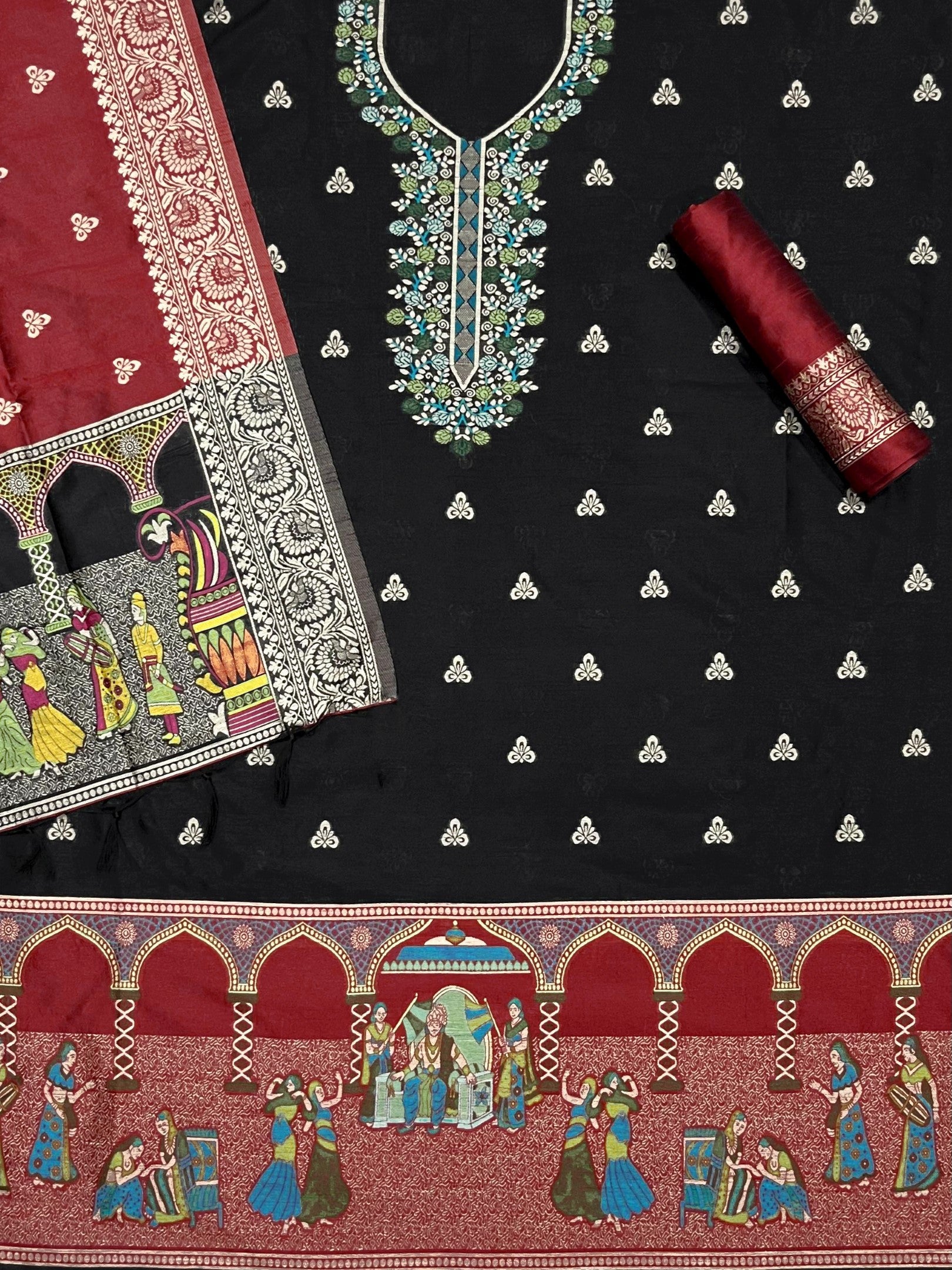 Black Handloom Raw Silk Warli Work With Contrast Daman Dupatta Dress Material