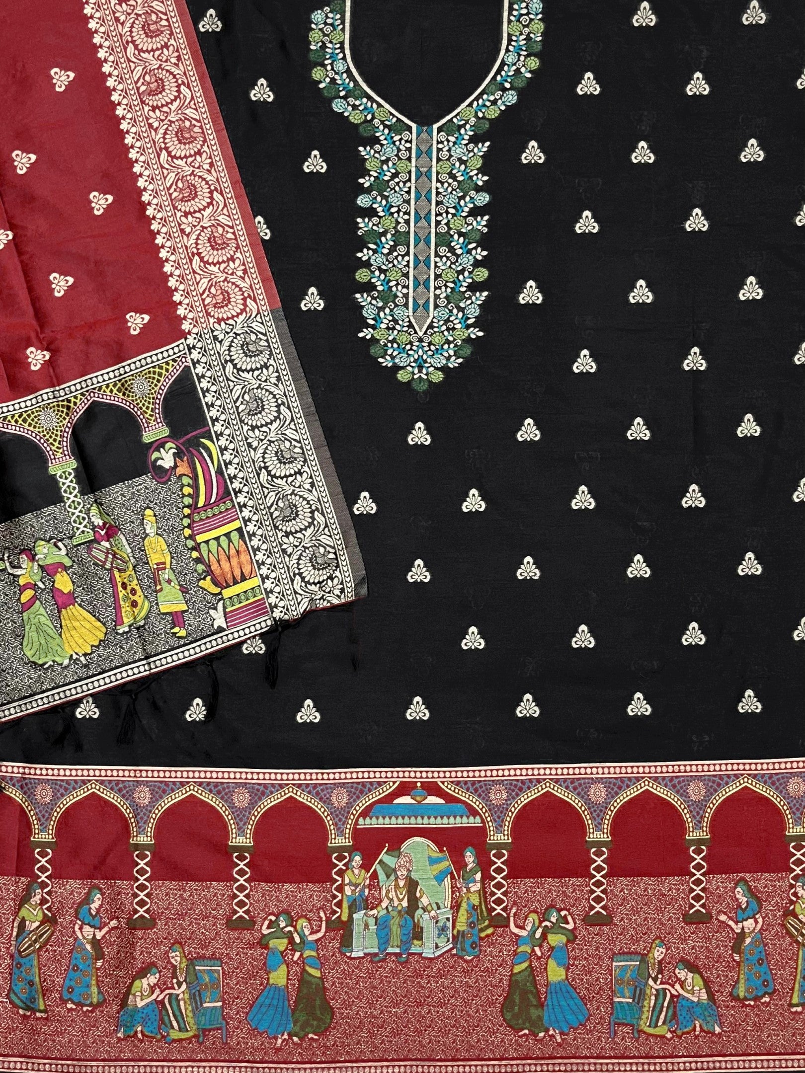 Black Handloom Raw Silk Warli Work With Contrast Daman Dupatta Dress Material