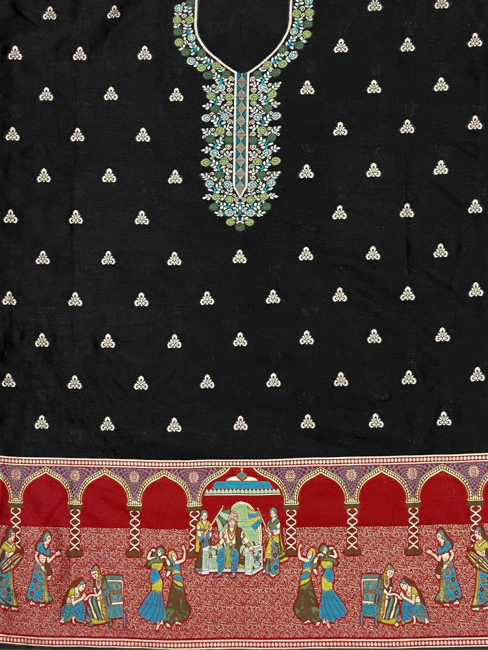 Black Handloom Raw Silk Warli Work With Contrast Daman Dupatta Dress Material