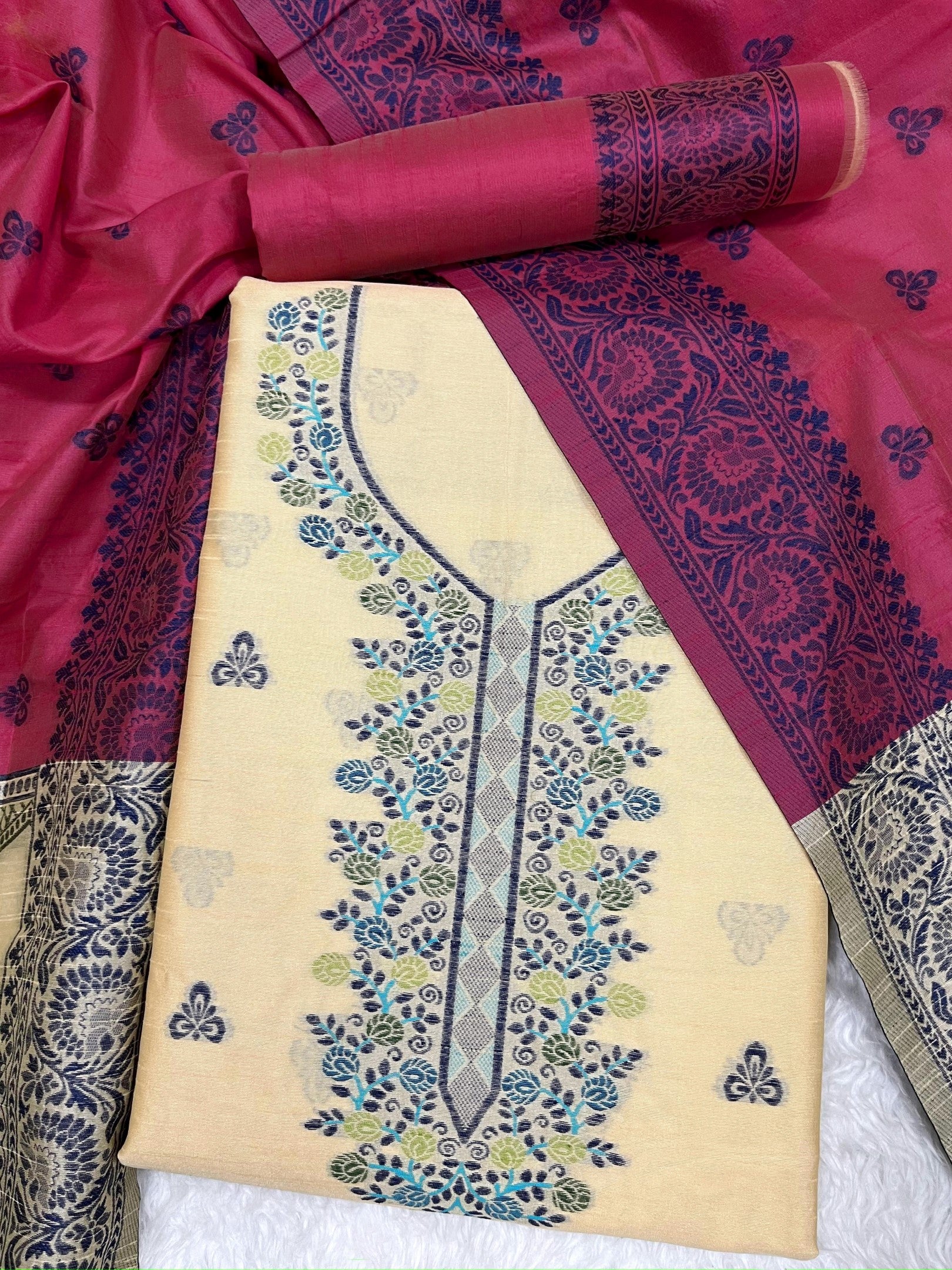 Cream Handloom Raw Silk Warli Work With Contrast Daman Dupatta Dress Material