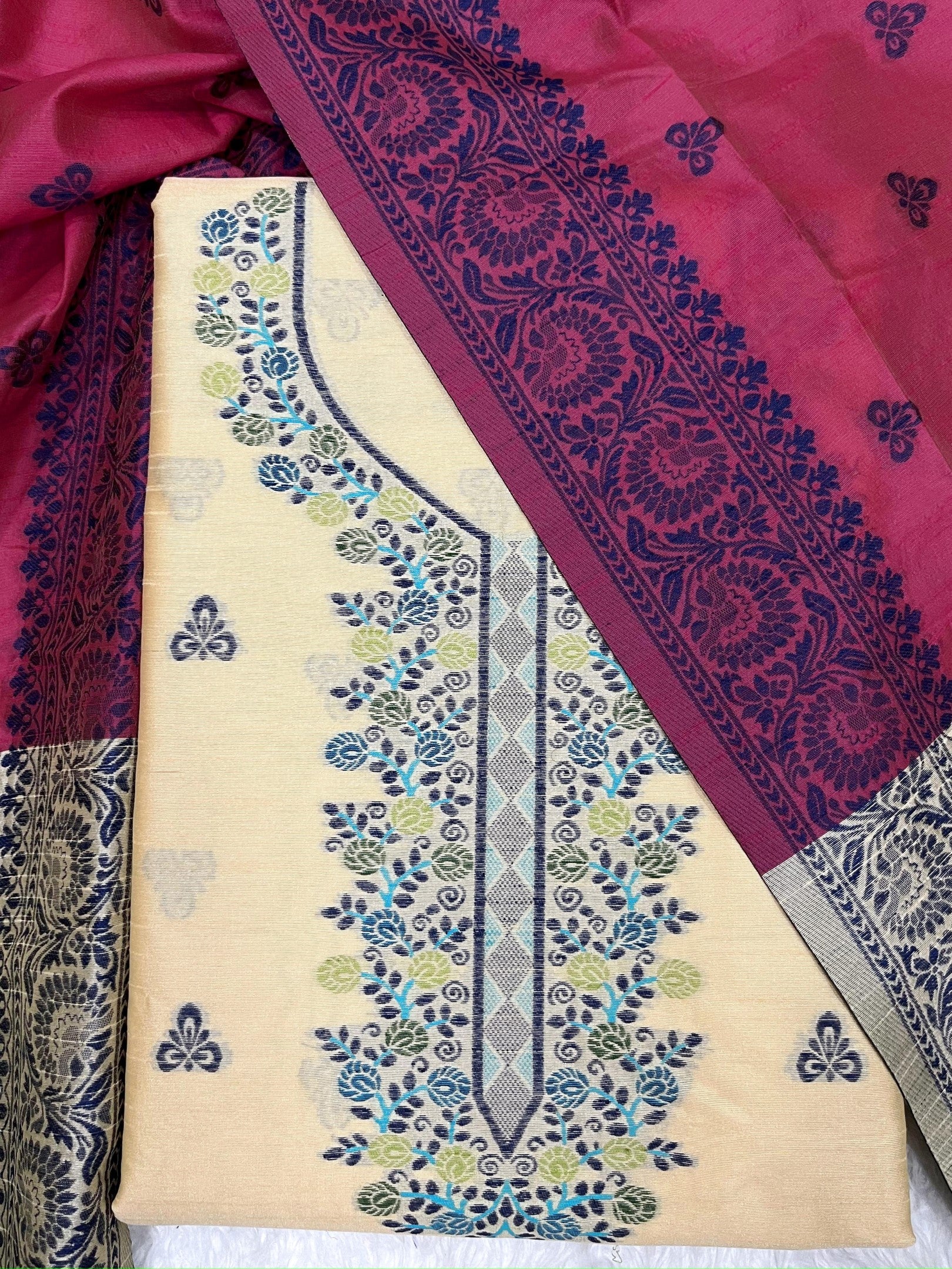 Cream Handloom Raw Silk Warli Work With Contrast Daman Dupatta Dress Material