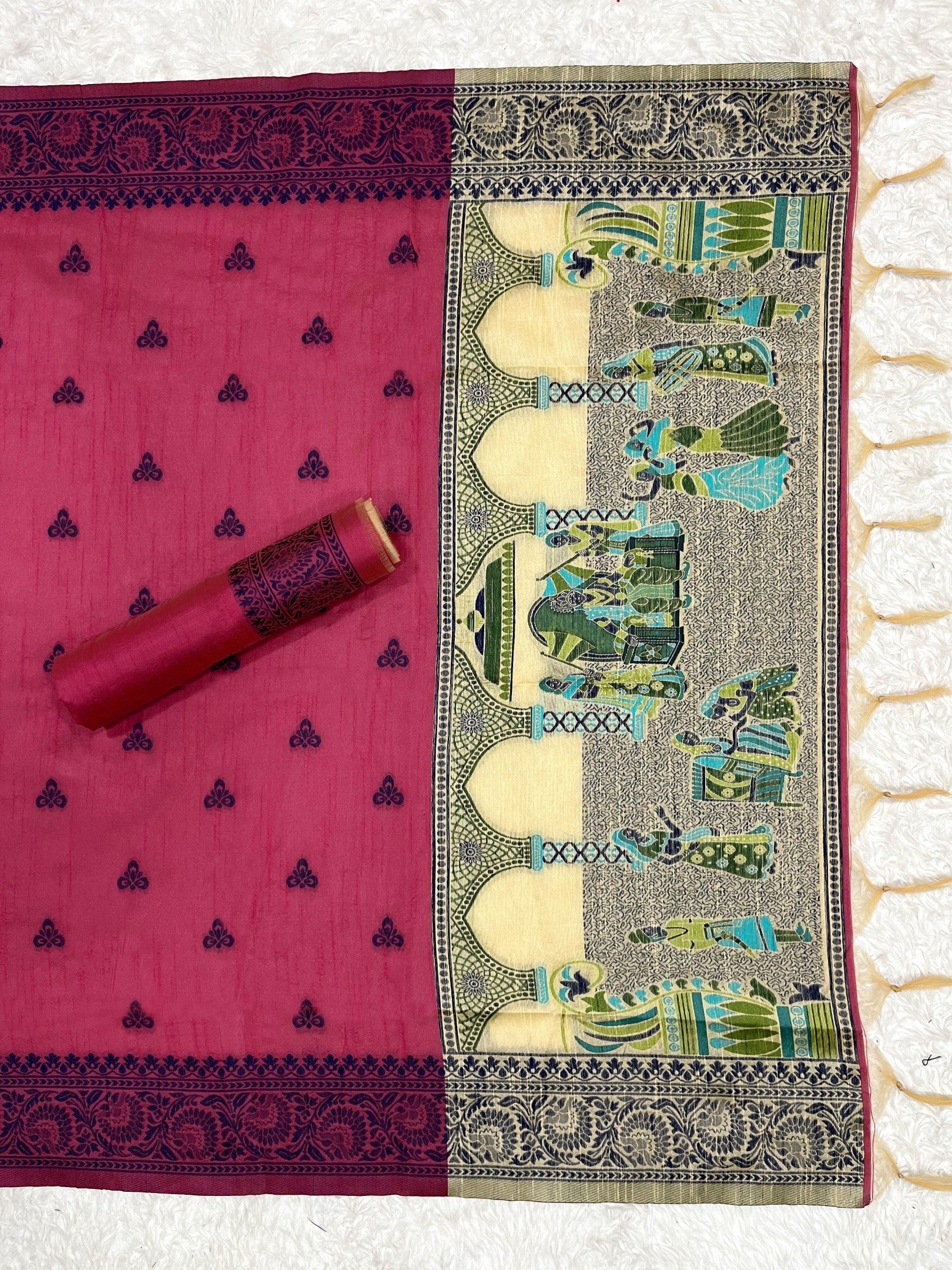 Cream Handloom Raw Silk Warli Work With Contrast Daman Dupatta Dress Material