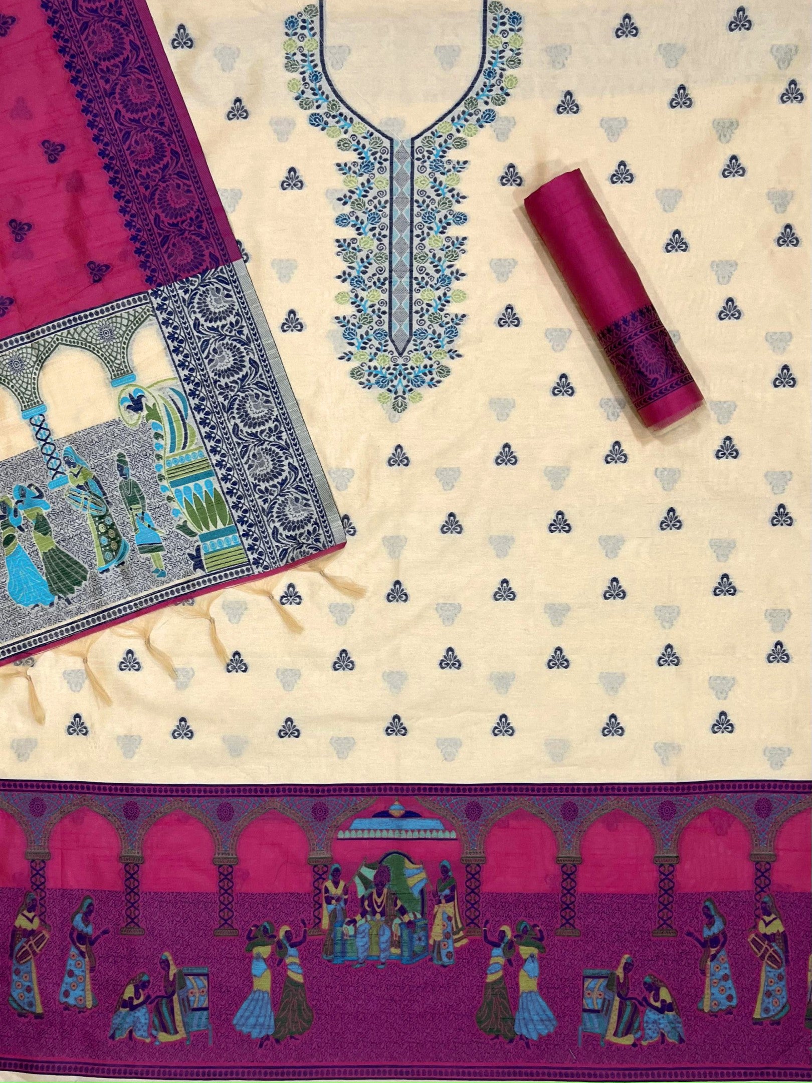 Cream Handloom Raw Silk Warli Work With Contrast Daman Dupatta Dress Material