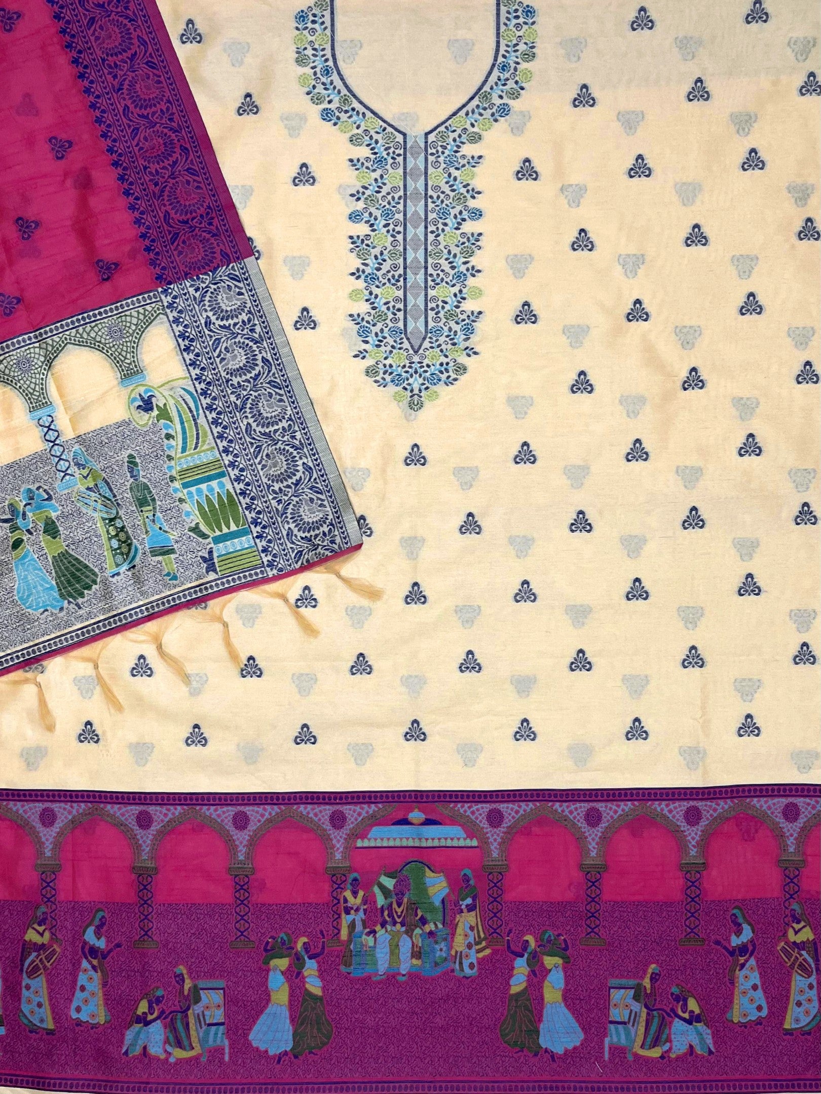 Cream Handloom Raw Silk Warli Work With Contrast Daman Dupatta Dress Material