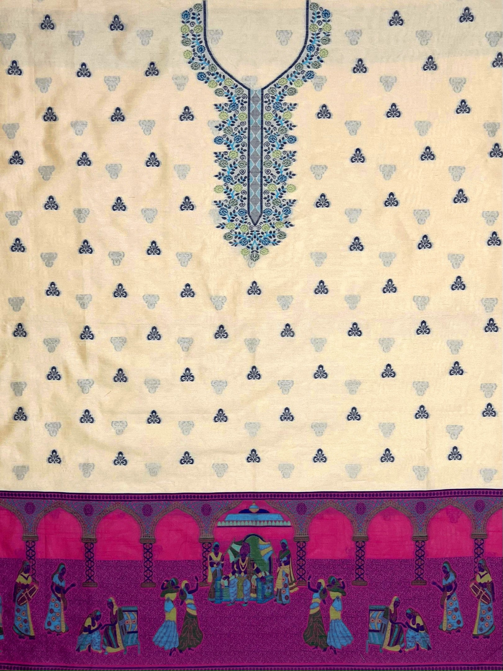 Cream Handloom Raw Silk Warli Work With Contrast Daman Dupatta Dress Material