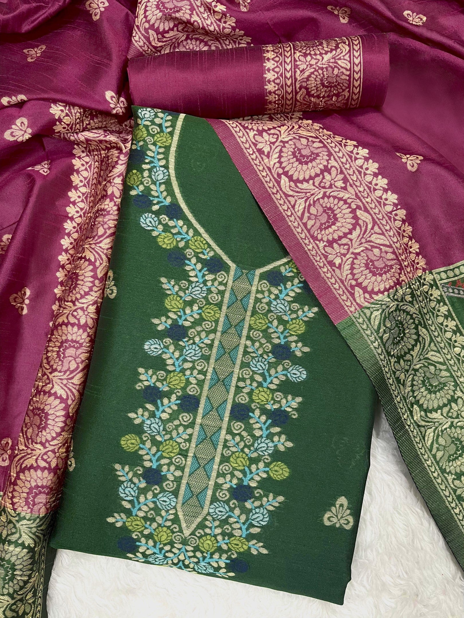 Green Handloom Raw Silk Warli Work With Contrast Daman Dupatta Dress Material