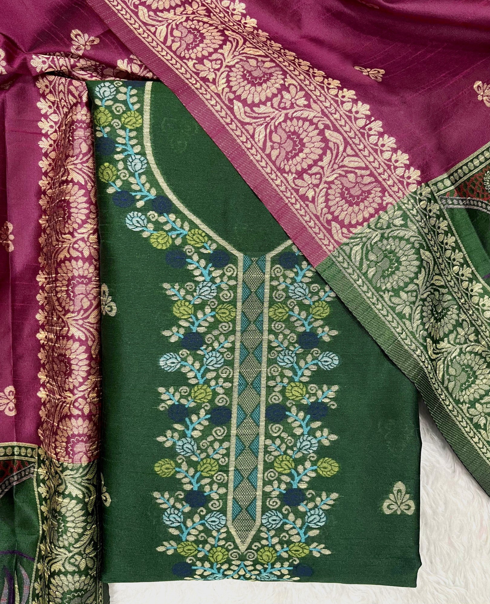 Green Handloom Raw Silk Warli Work With Contrast Daman Dupatta Dress Material