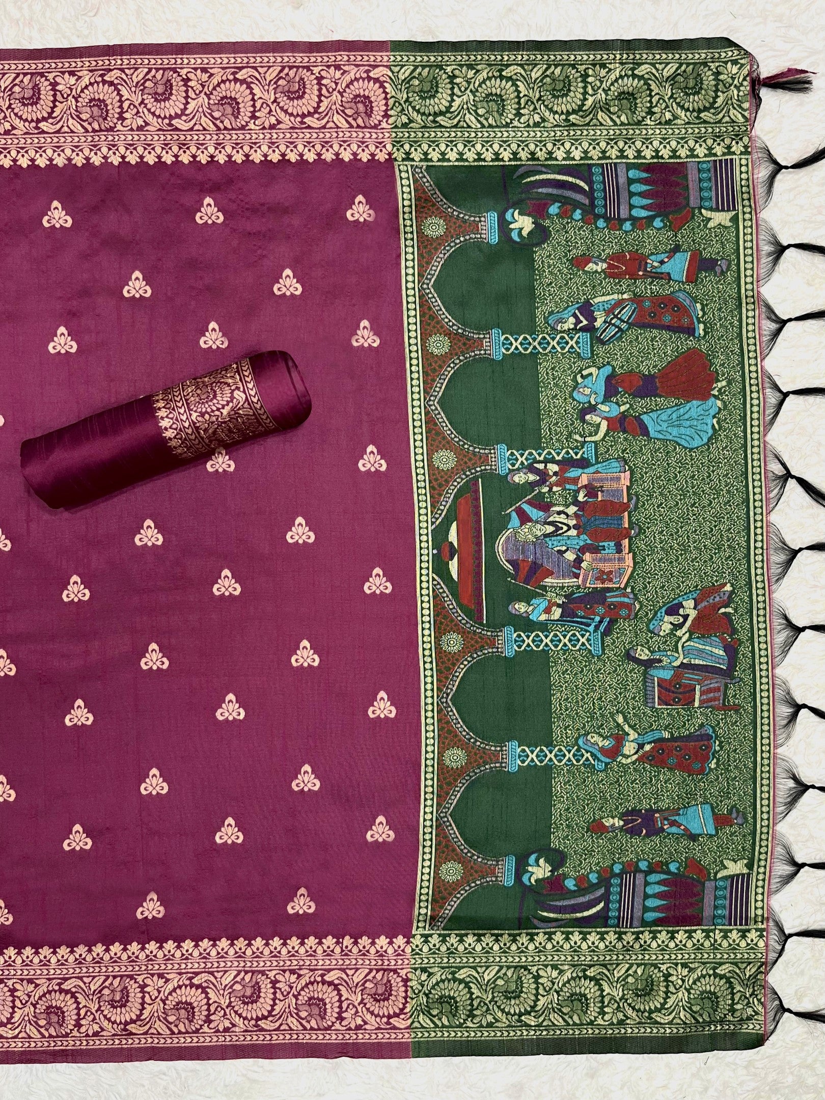 Green Handloom Raw Silk Warli Work With Contrast Daman Dupatta Dress Material