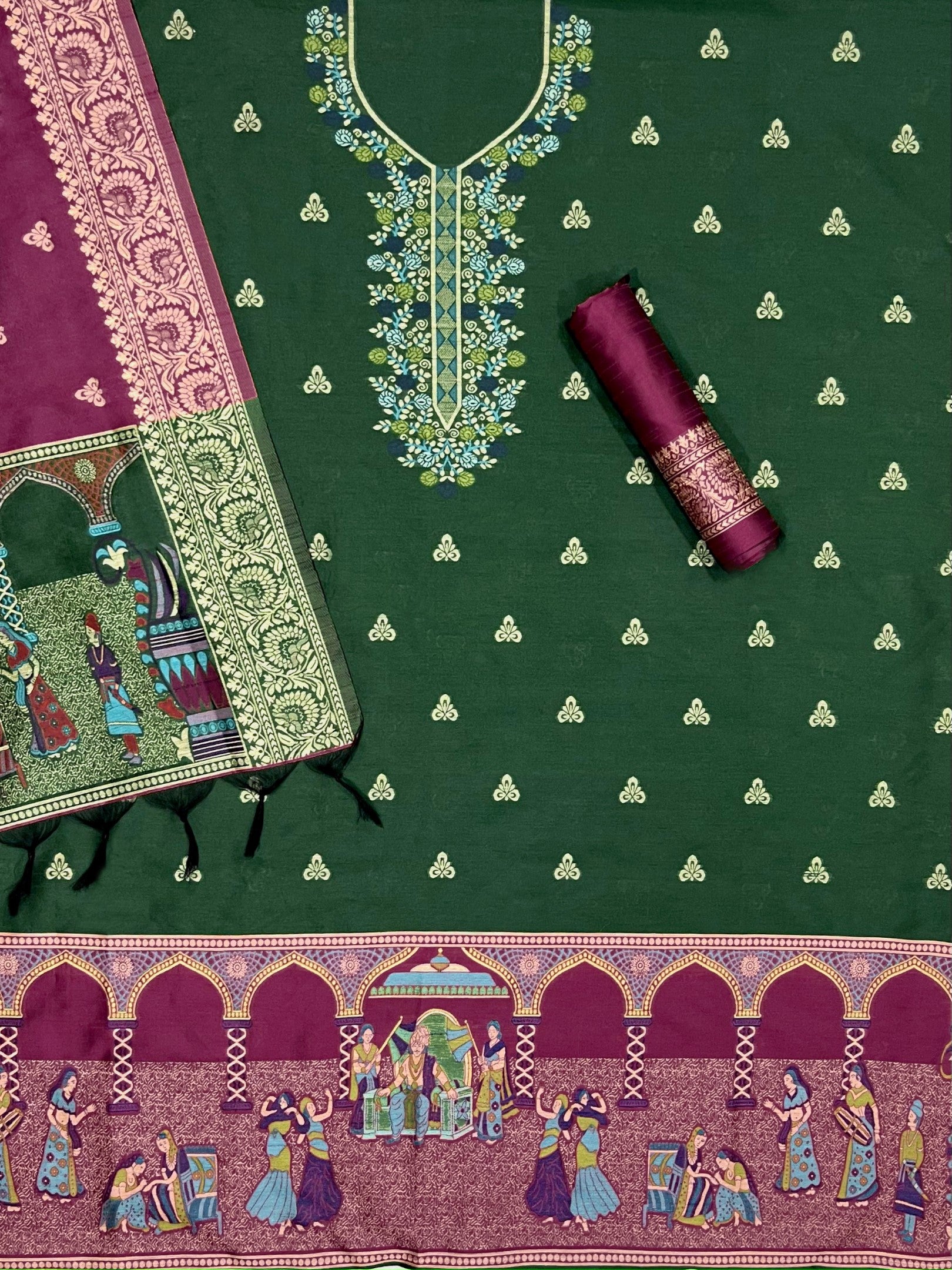 Green Handloom Raw Silk Warli Work With Contrast Daman Dupatta Dress Material