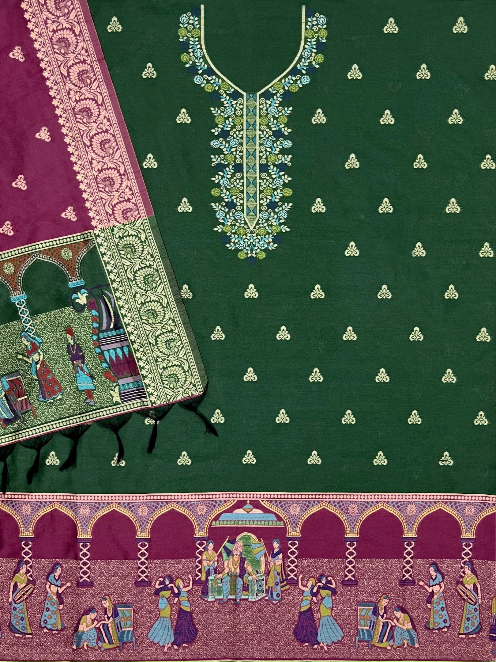 Green Handloom Raw Silk Warli Work With Contrast Daman Dupatta Dress Material