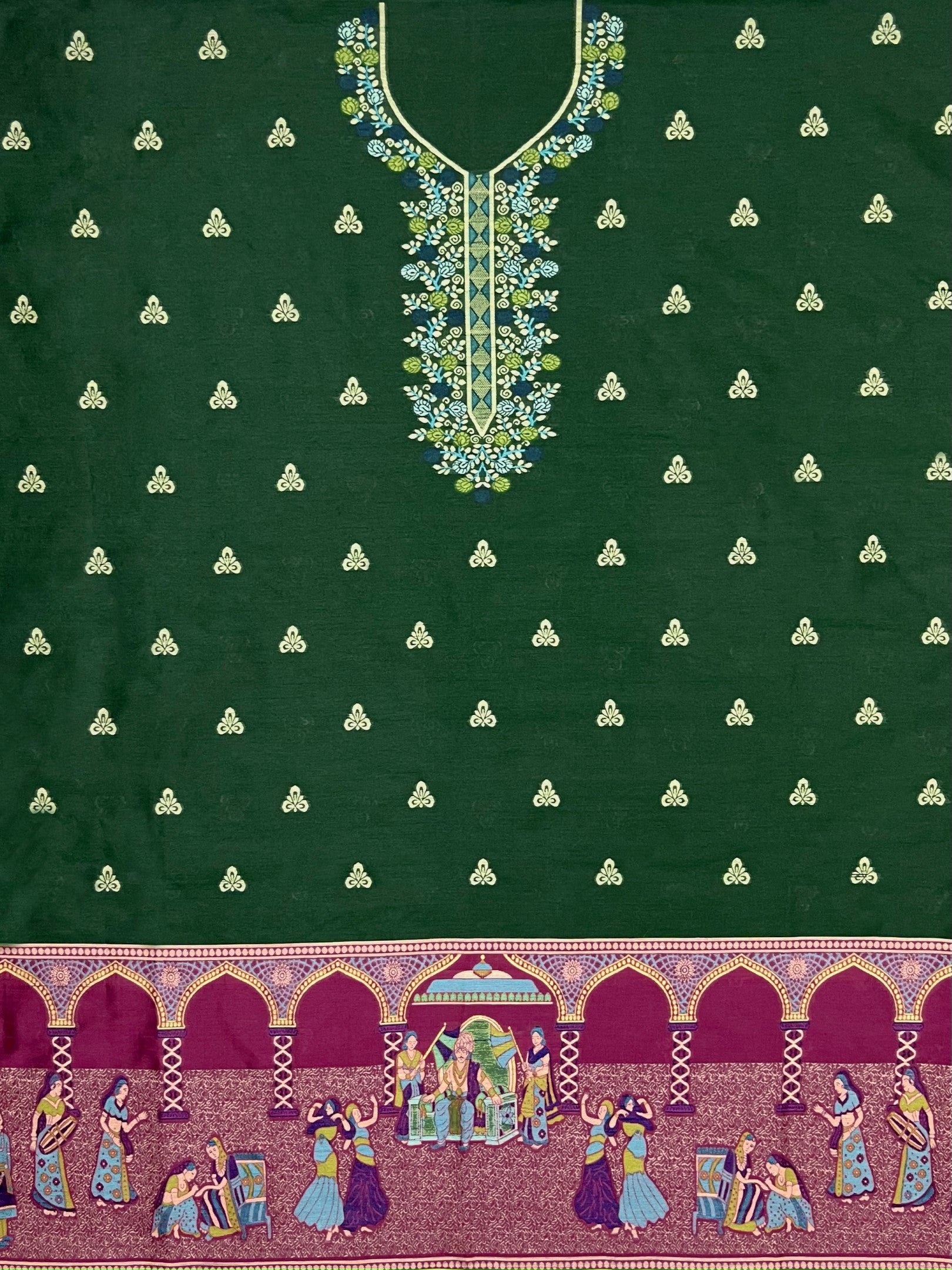 Green Handloom Raw Silk Warli Work With Contrast Daman Dupatta Dress Material