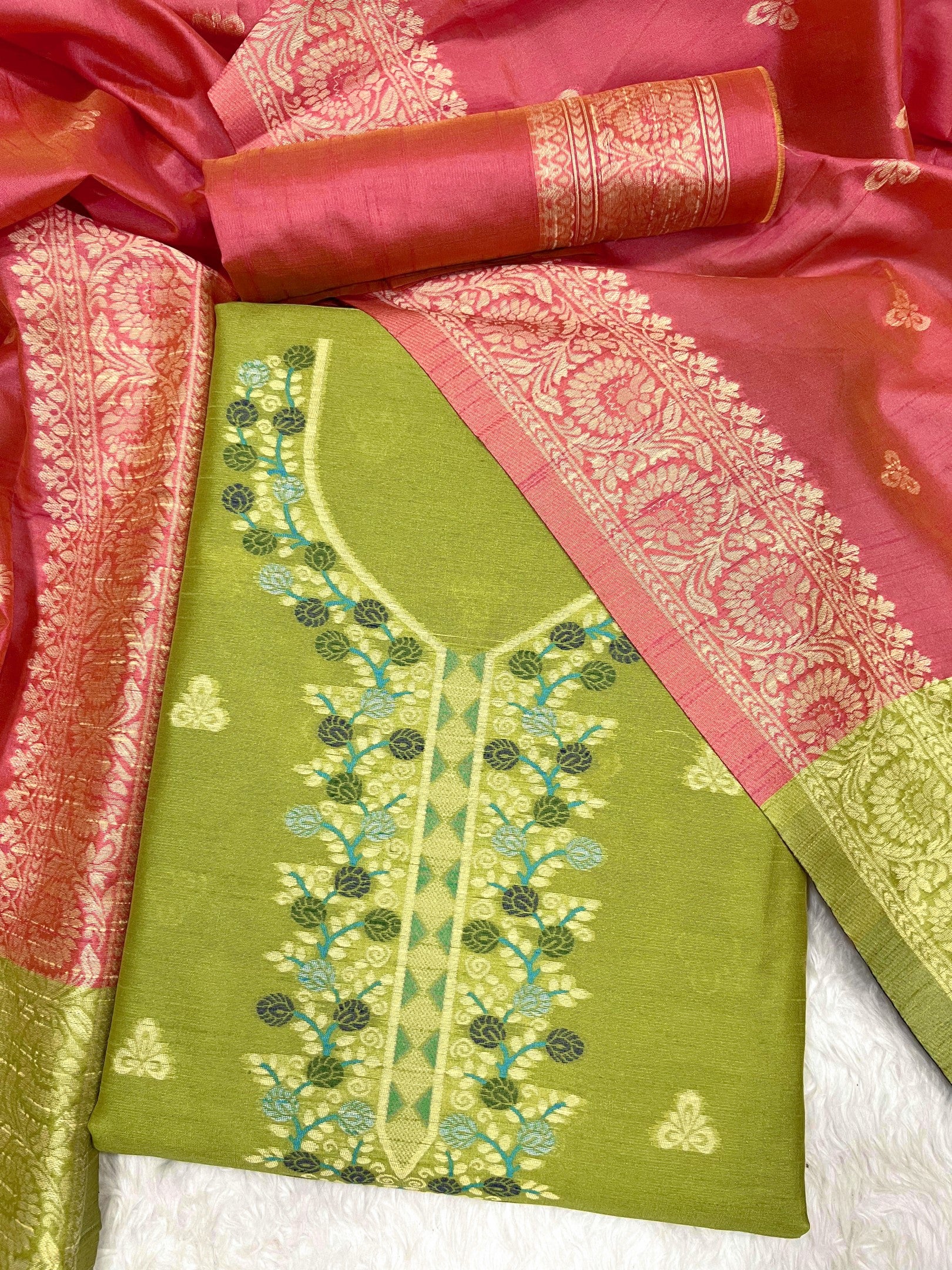 Parrot Handloom Raw Silk Warli Work With Contrast Daman Dupatta Dress Material