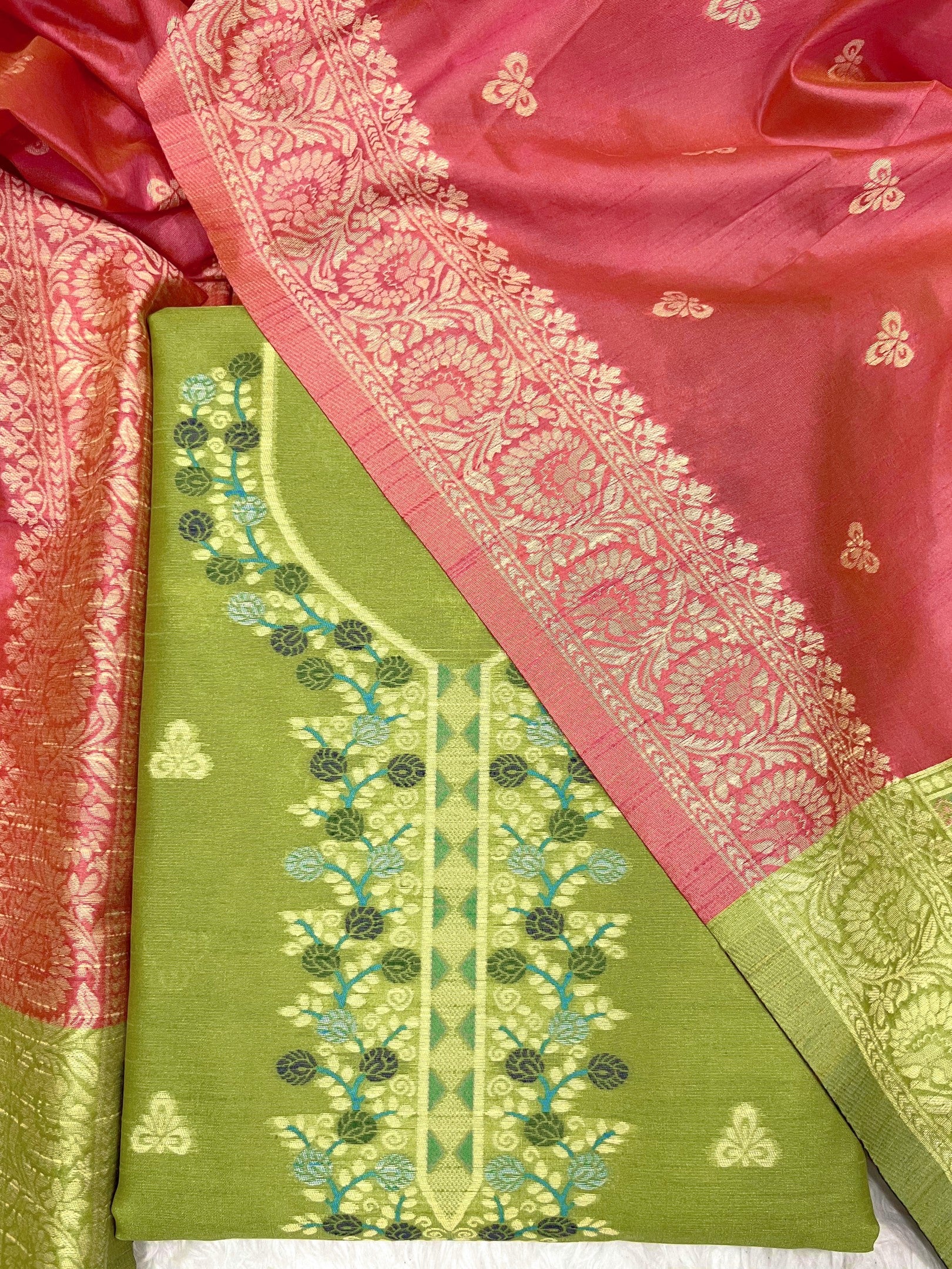Parrot Handloom Raw Silk Warli Work With Contrast Daman Dupatta Dress Material